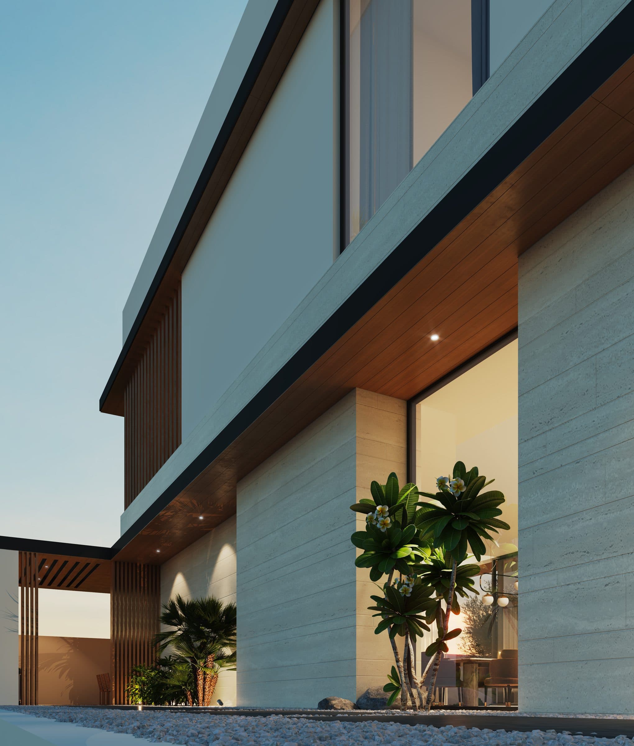 Design visualisation of the garden terrace under the timber soffit in daylight, by LKYOOB