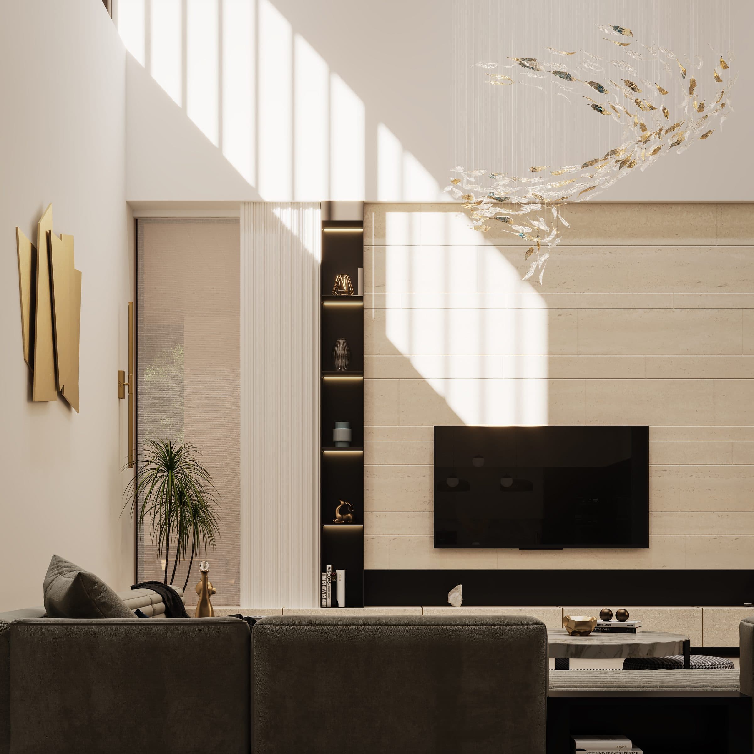 Design visualisation of the family living room under a chandelier of hanging glass pieces, by LKYOOB