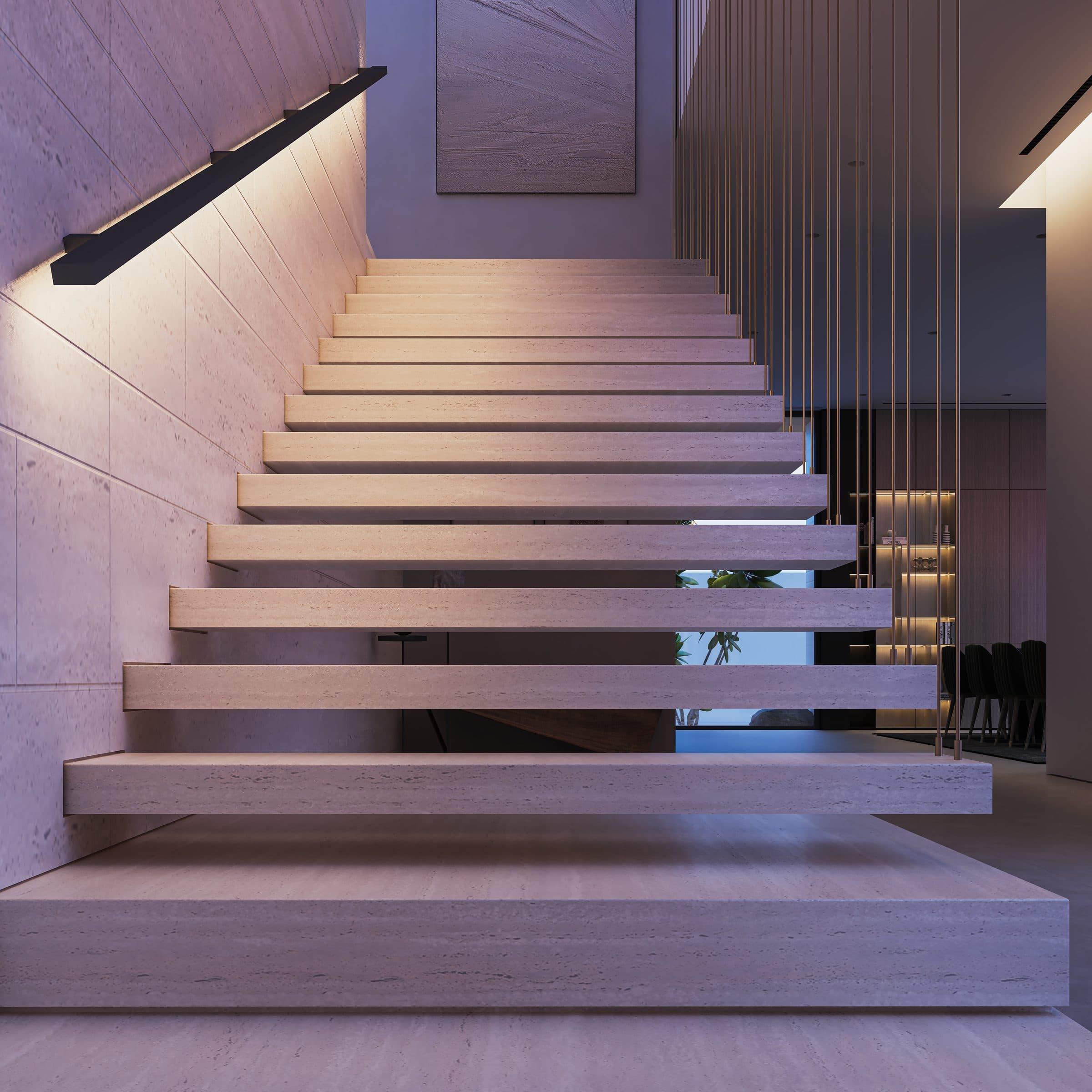 Design visualisation of the stone stair beside a slatted timber screen, by LKYOOB
