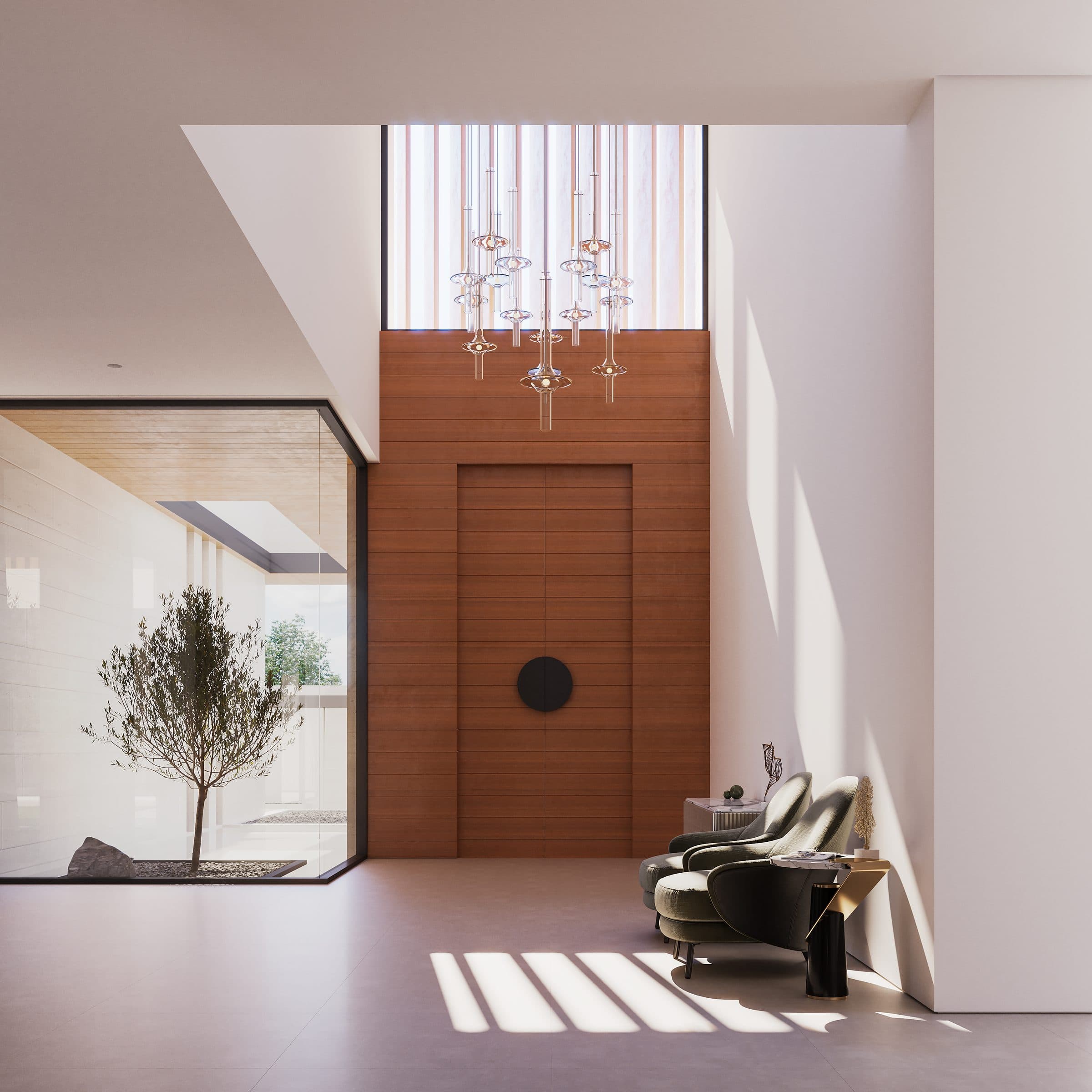 Design visualisation of the entrance hall with a tall timber door and stone floor, by LKYOOB