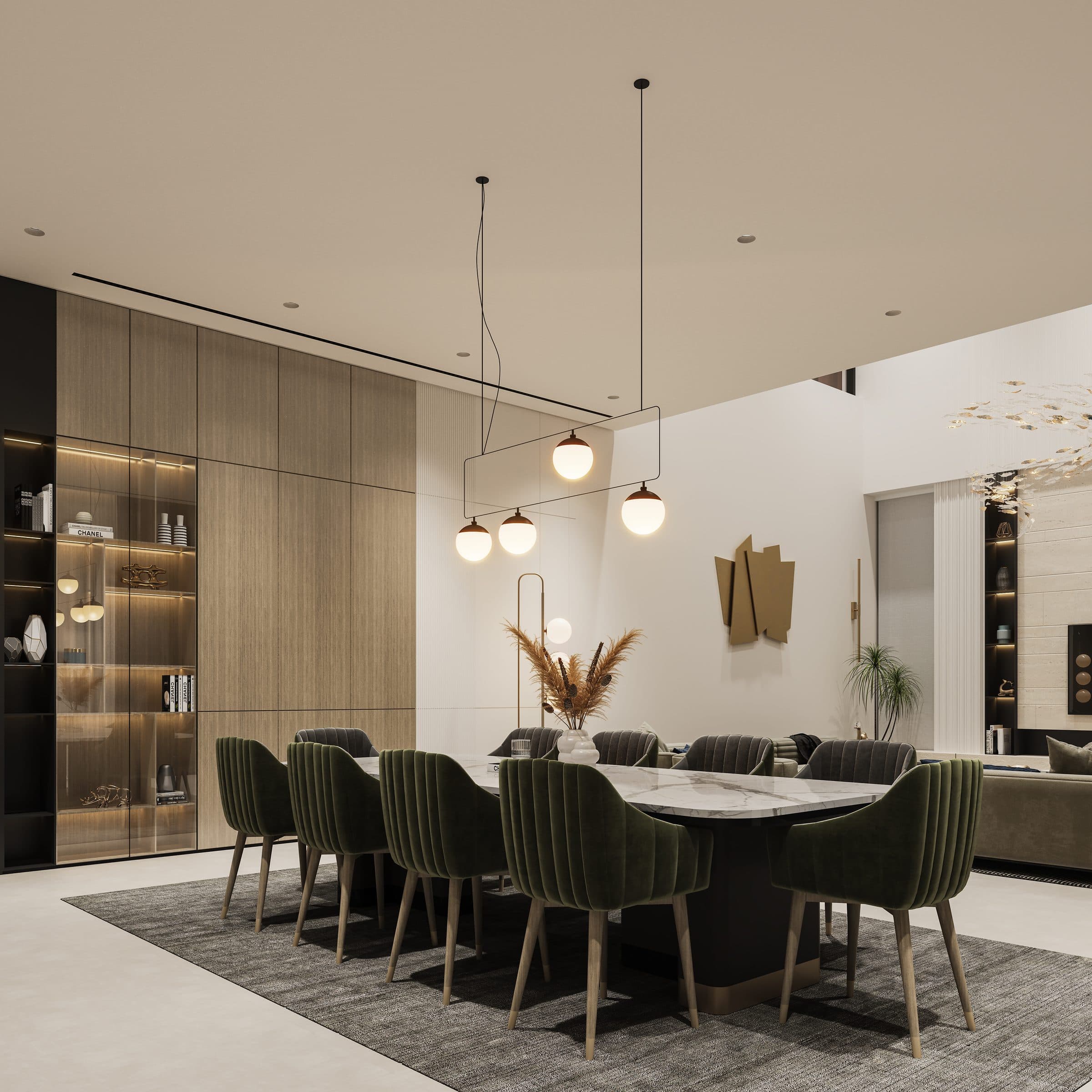 Design visualisation of the family dining room with a long table and display shelving, by LKYOOB