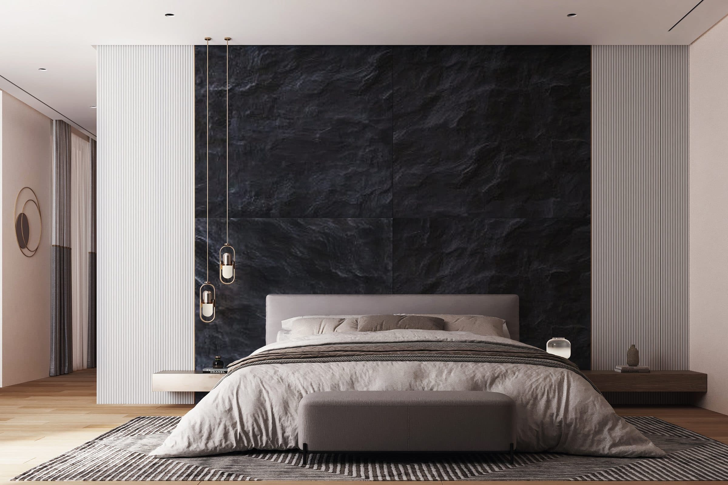 Design visualisation of the master bedroom with a padded headboard wall and a seating corner, by LKYOOB