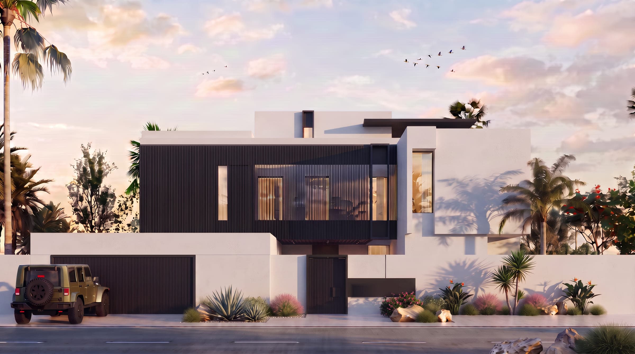Overlayered Villa from the street, dark timber volumes above a white boundary wall and desert planting, a LKYOOB design visualisation