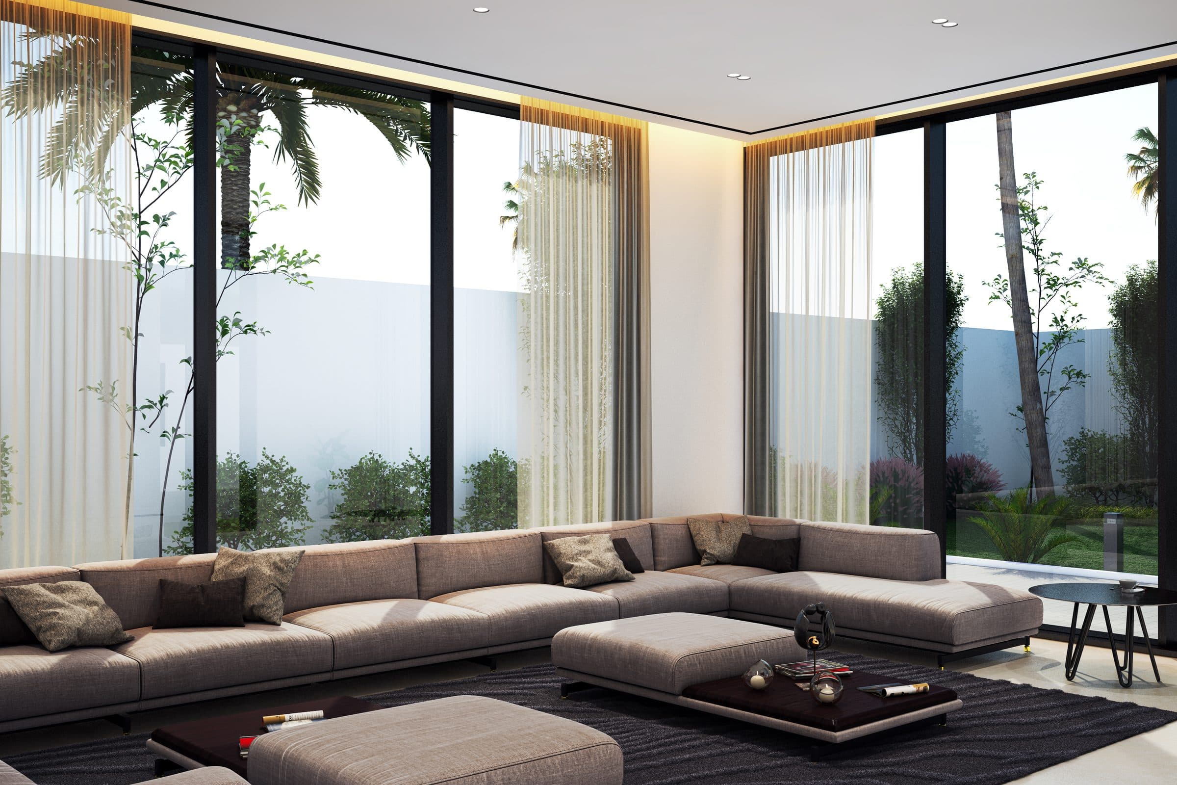 Design visualisation of the formal living room with a long sofa and garden glazing, by LKYOOB