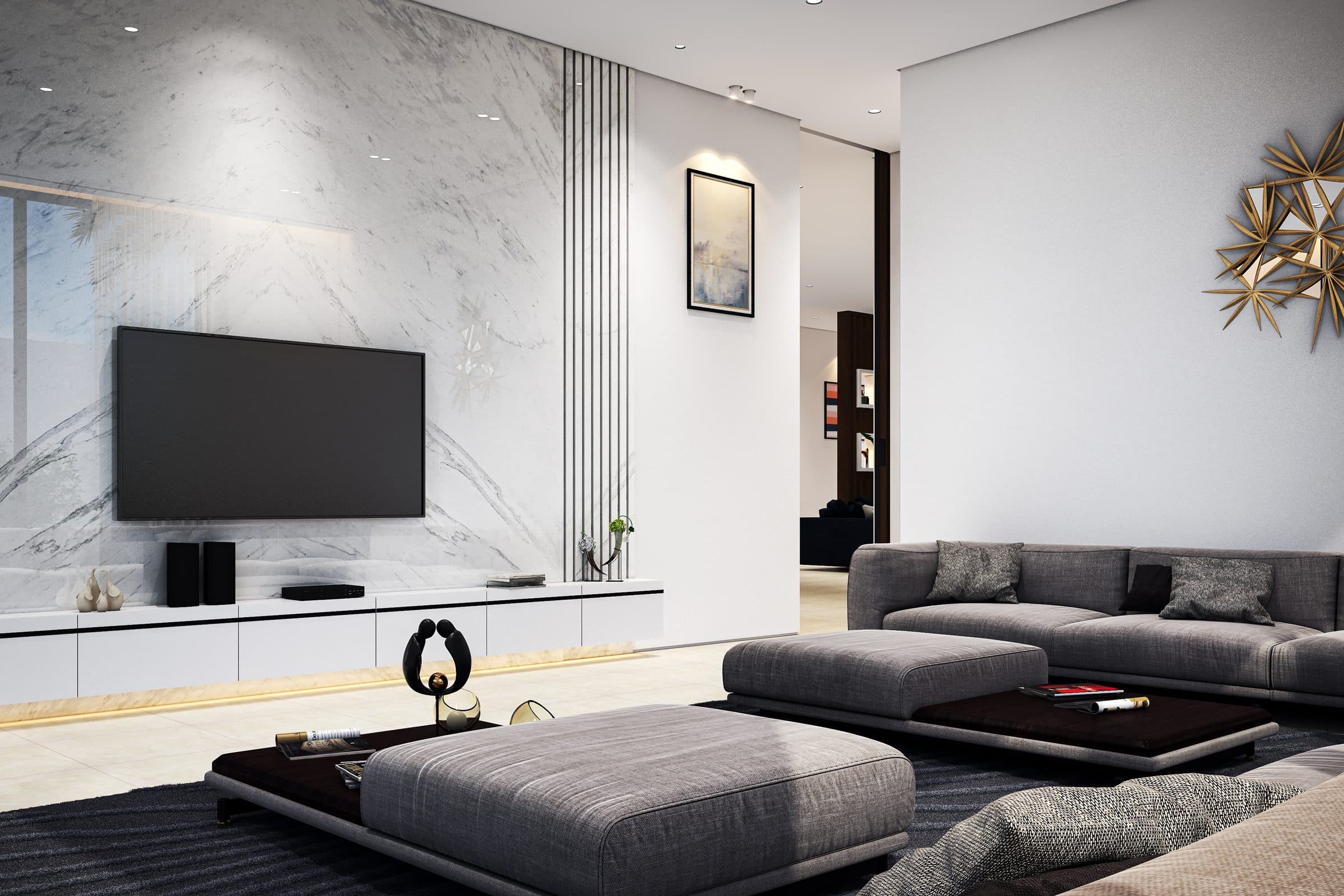 Design visualisation of the formal living room with a marble television wall, by LKYOOB