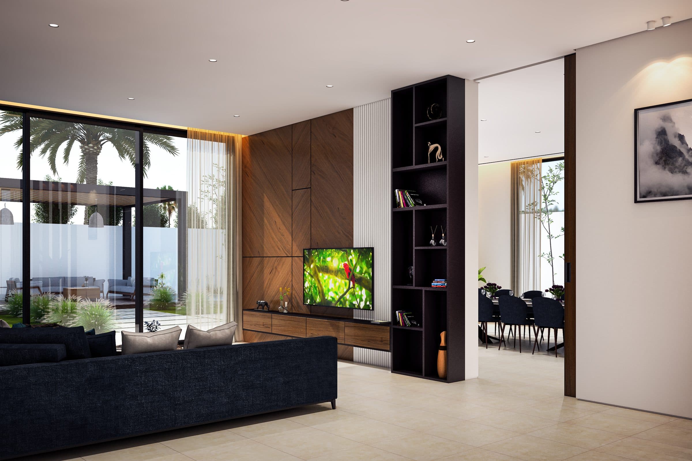 Design visualisation of the family living room with a walnut television wall, by LKYOOB