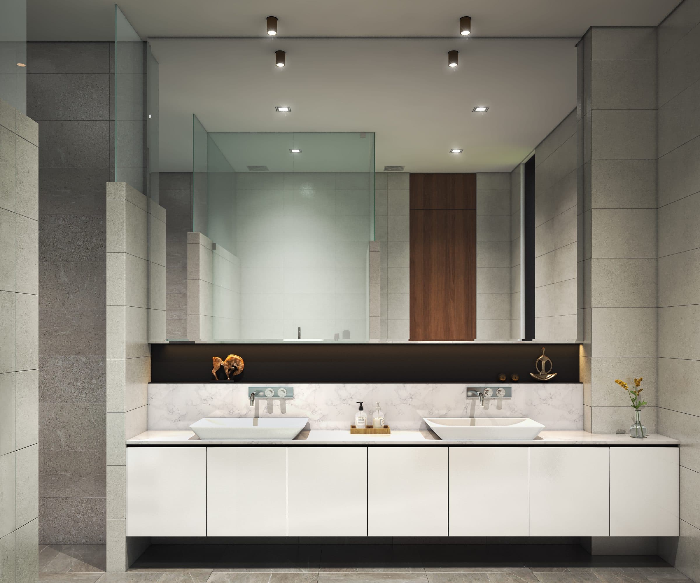 Design visualisation of the master bathroom with twin basins, by LKYOOB
