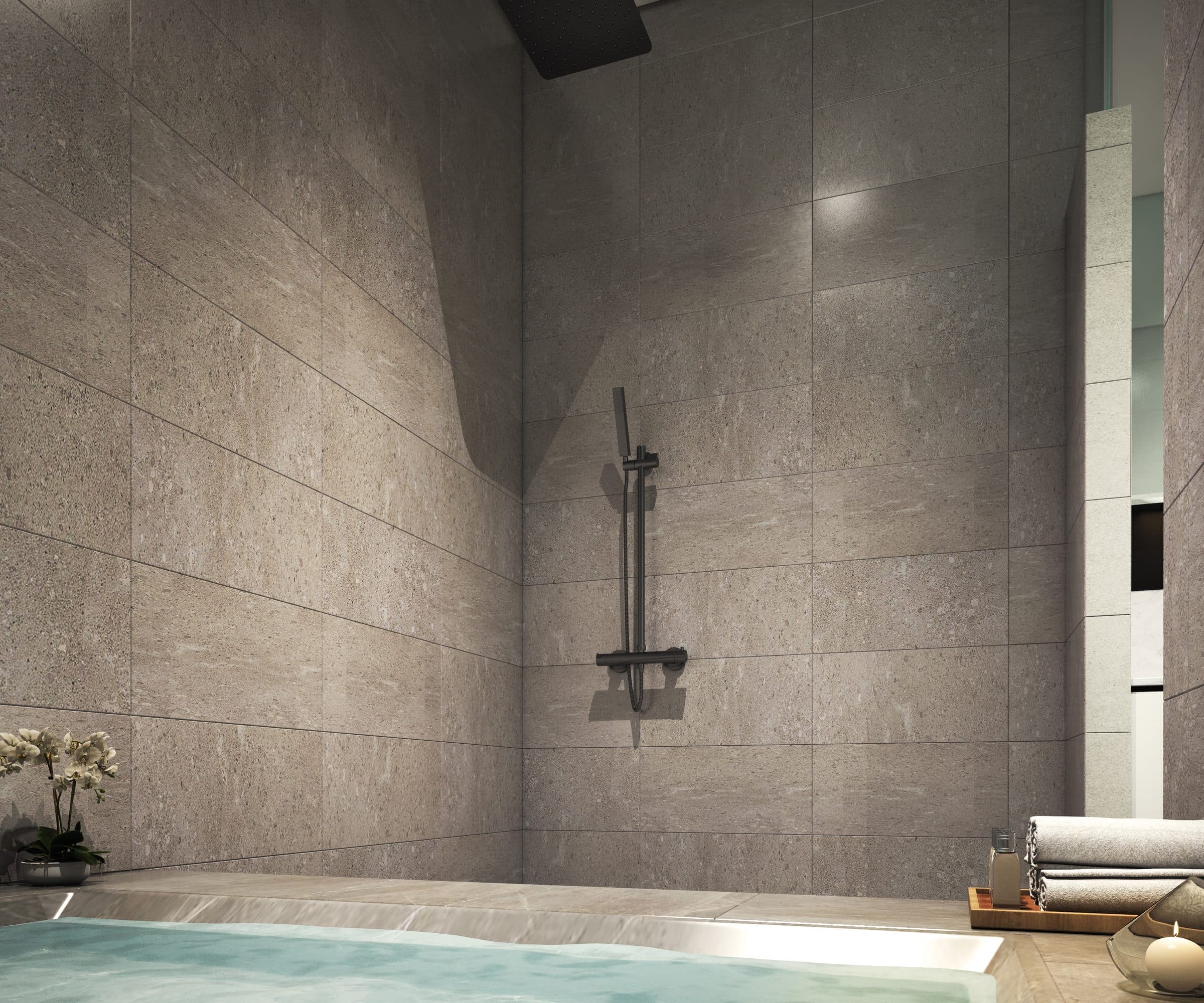 Design visualisation of the stone shower beside the bath, by LKYOOB