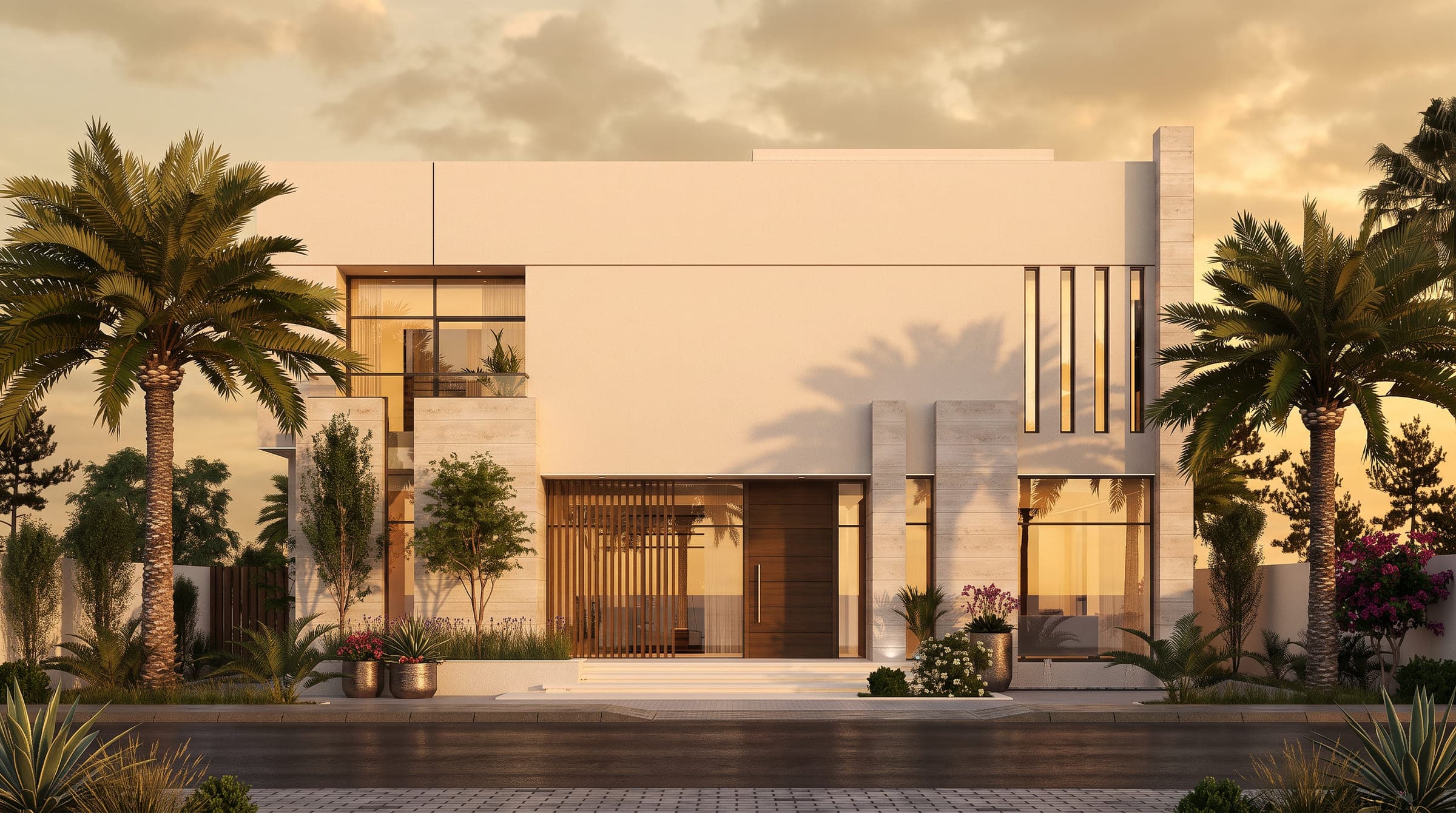 Sand House drawn at dusk from the street, a white and travertine villa with a timber screened entrance between palms, a LKYOOB design visualisation