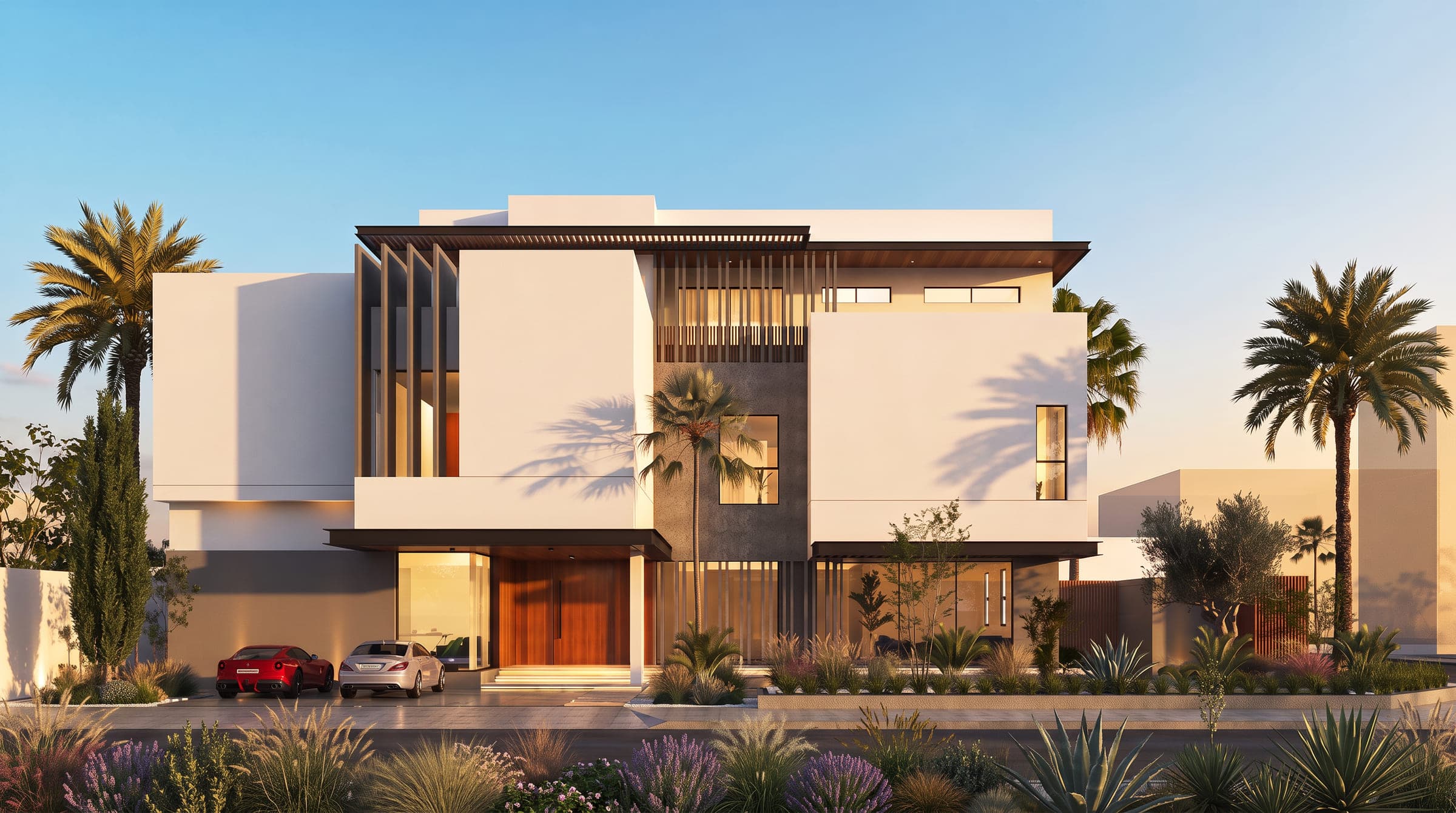 Shadow House from the street at dusk, white volumes with dark timber screens above a planted verge, a LKYOOB design visualisation