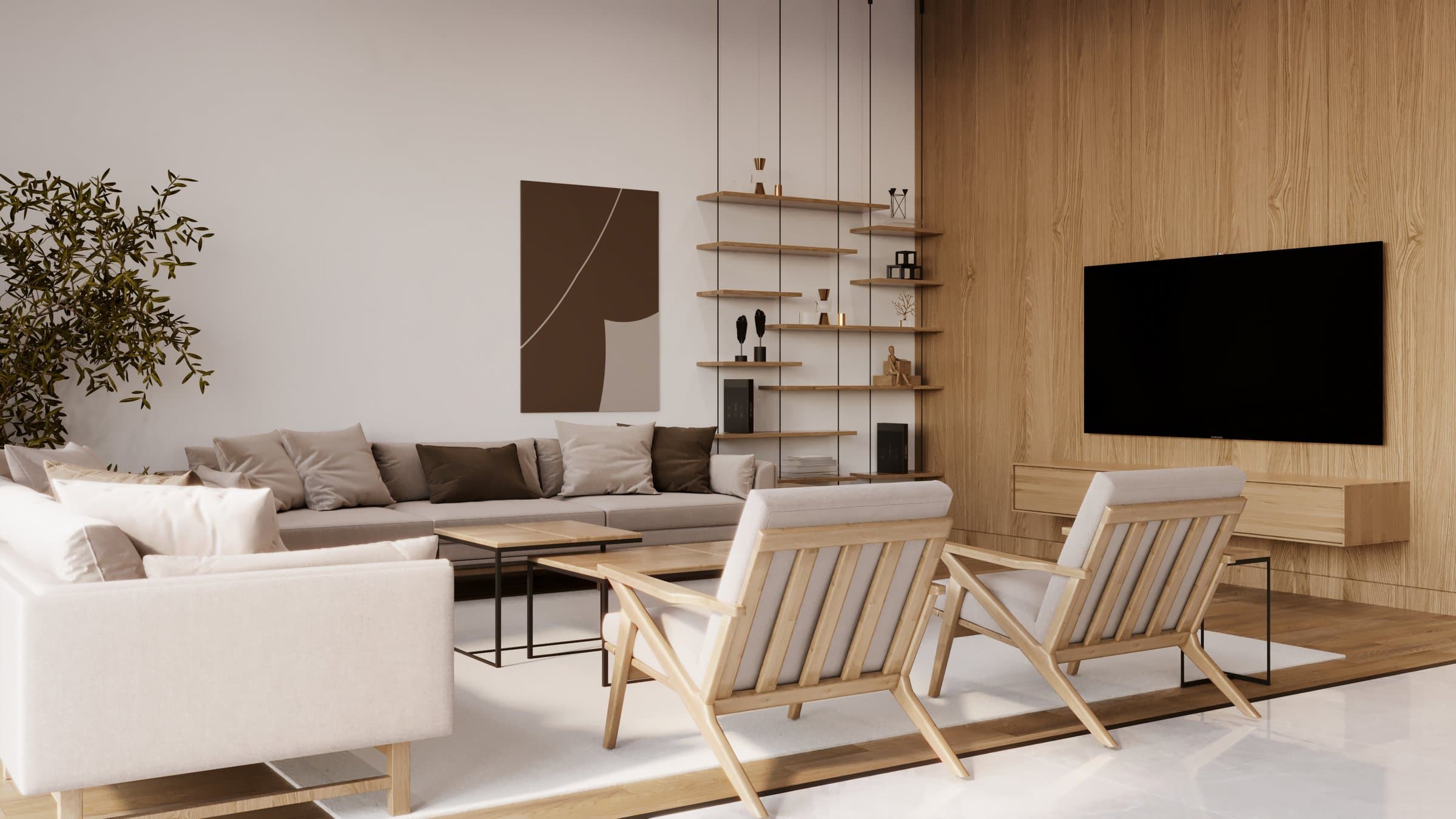 Design visualisation of the family living room in oak and white with a low sofa, by LKYOOB