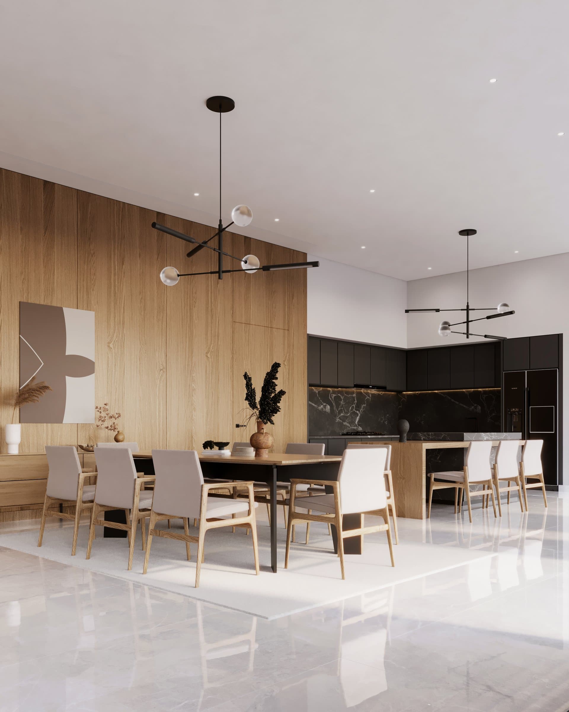 Design visualisation of the dining room and kitchen with a dark marble island under an oak ceiling, by LKYOOB