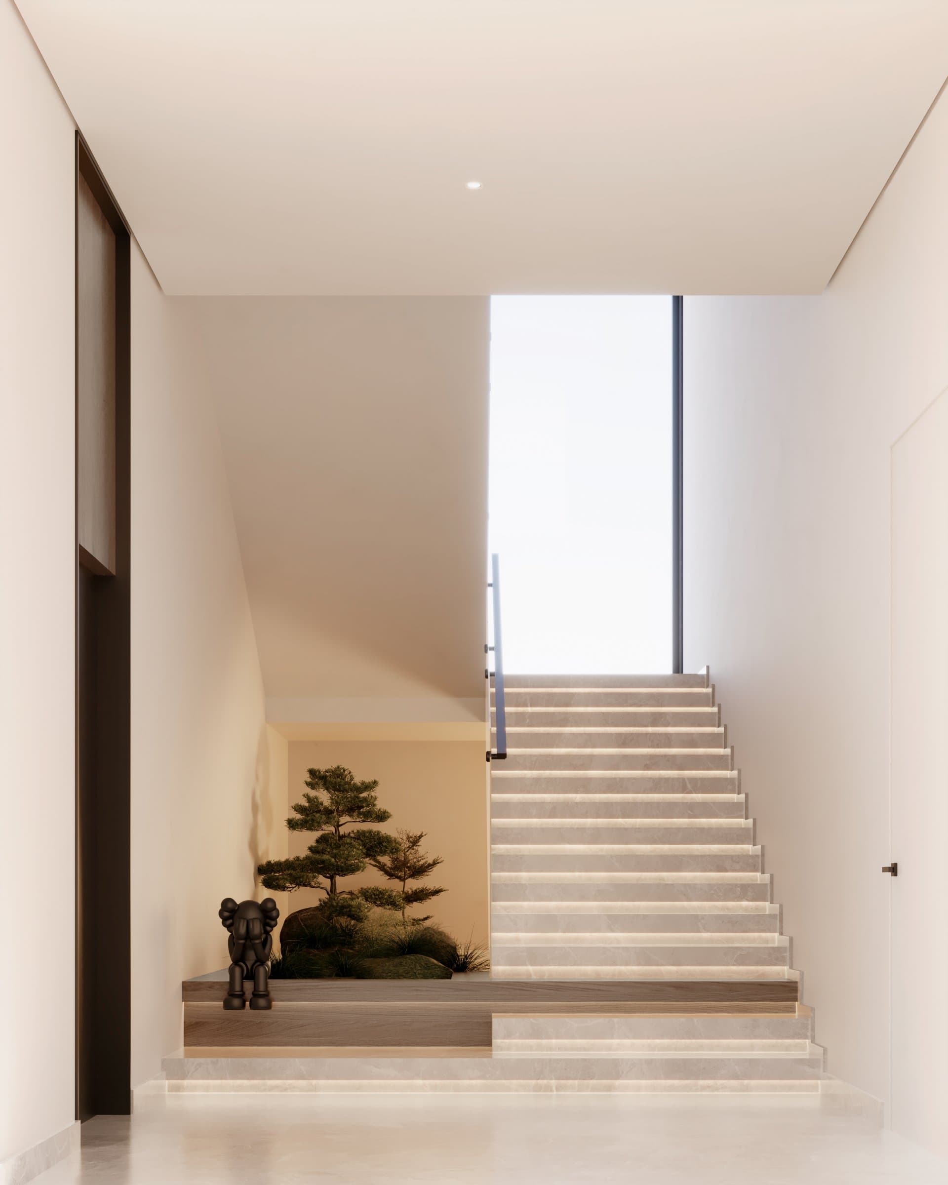 Design visualisation of the stair lit from above, with a planted court at its foot, by LKYOOB