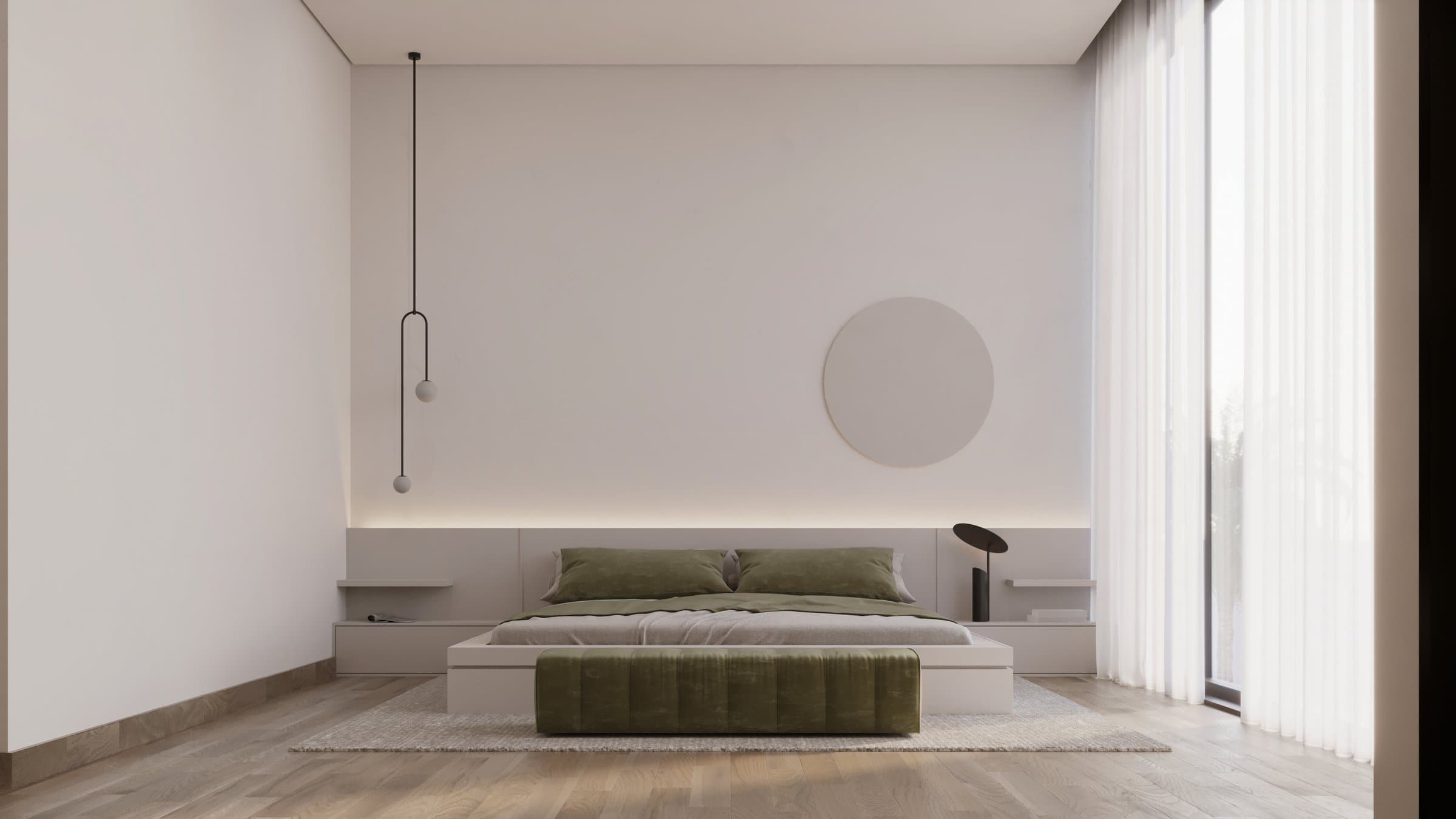 Design visualisation of a bedroom with a green bed, a pale wall and sheer curtains, by LKYOOB