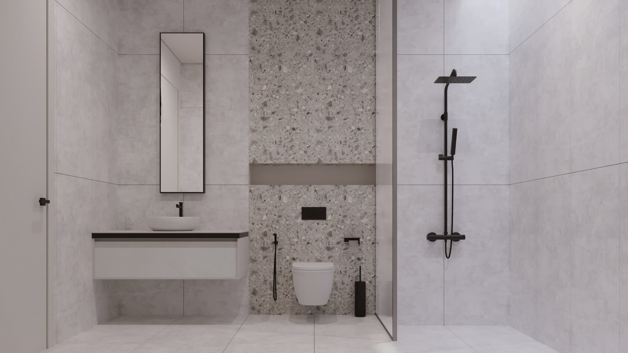 Design visualisation of a bathroom in terrazzo and pale stone with black fittings, by LKYOOB