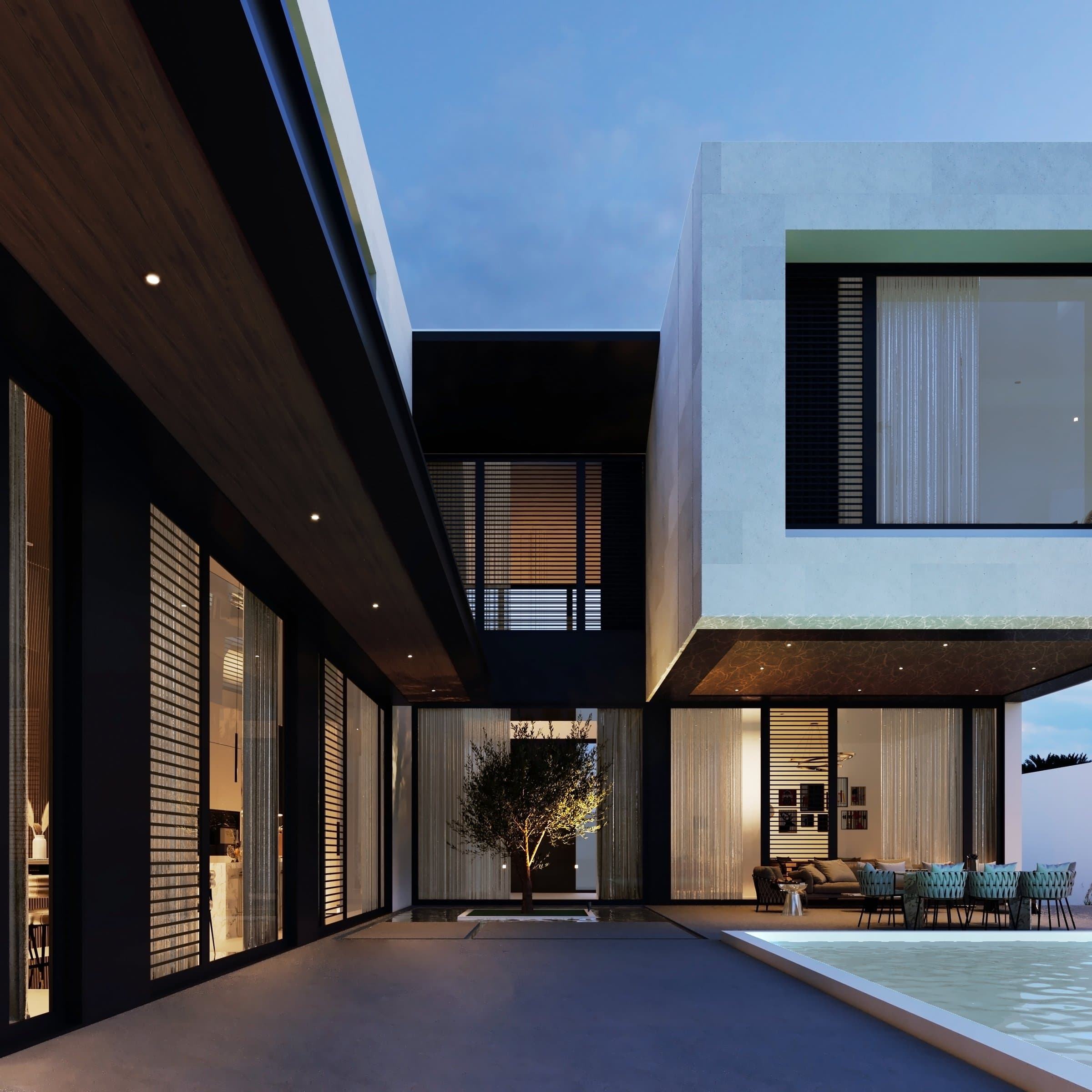 Design visualisation of the entrance court at dusk, an olive tree between glazed walls beside the pool, by LKYOOB
