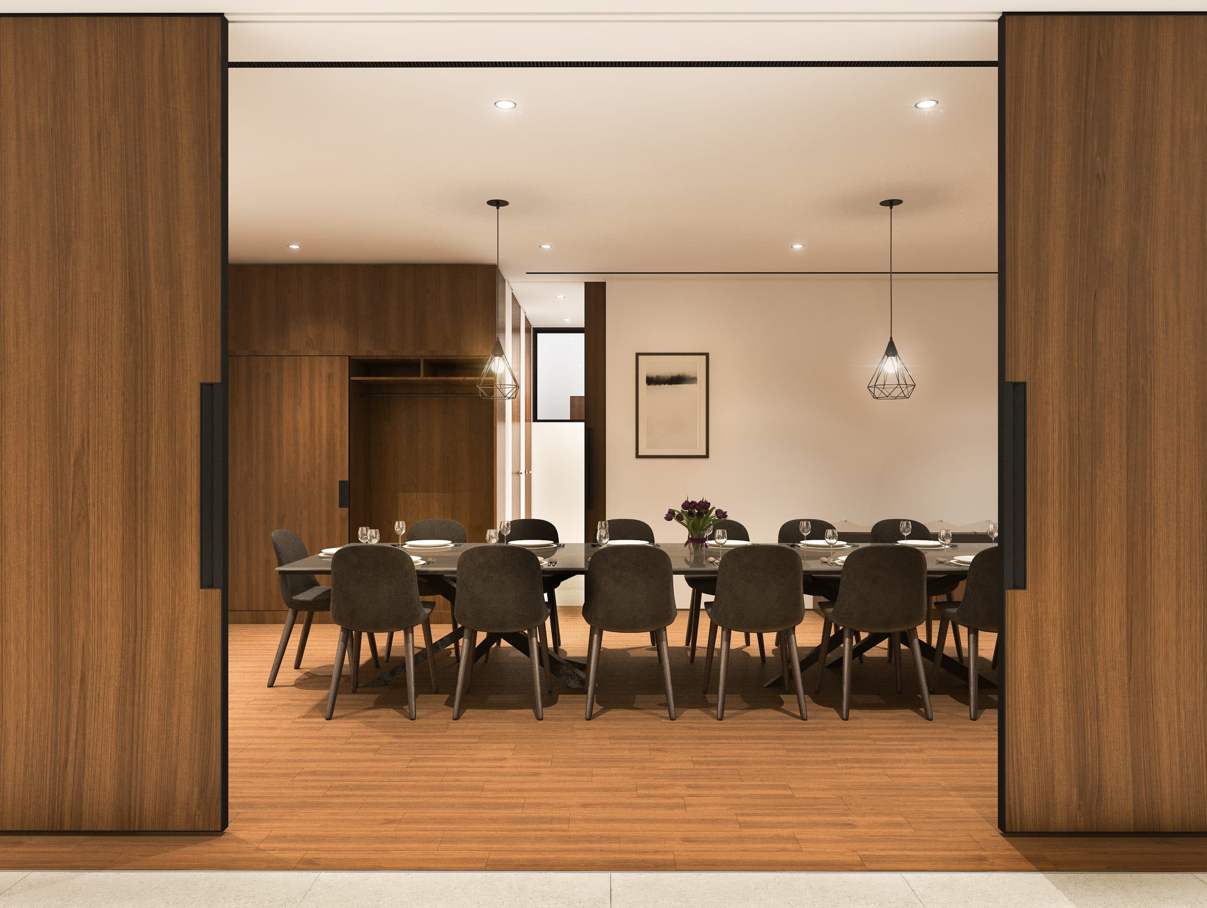 Design visualisation of the dining room behind sliding walnut doors, by LKYOOB