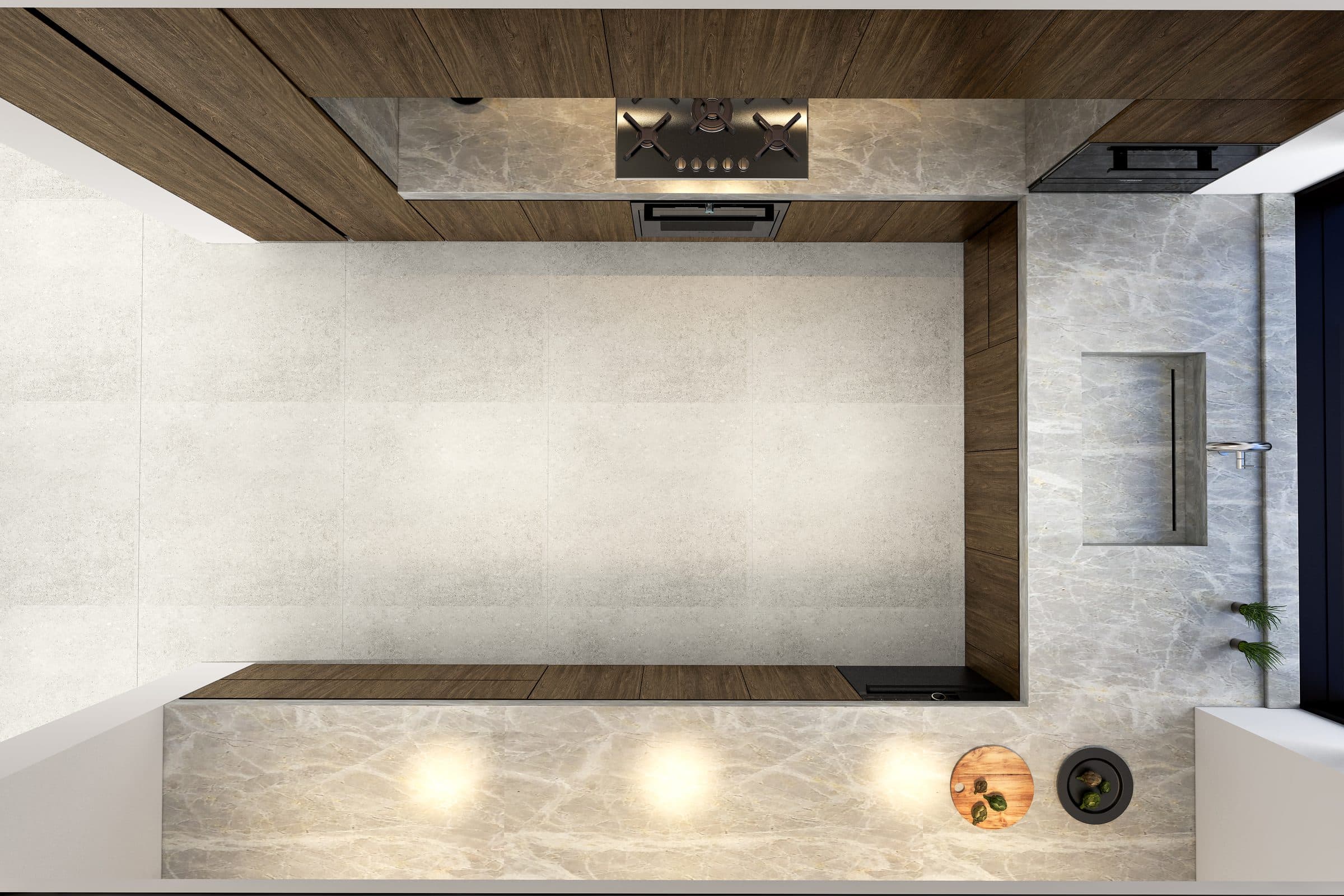 Design visualisation of the kitchen with a marble island from above, by LKYOOB