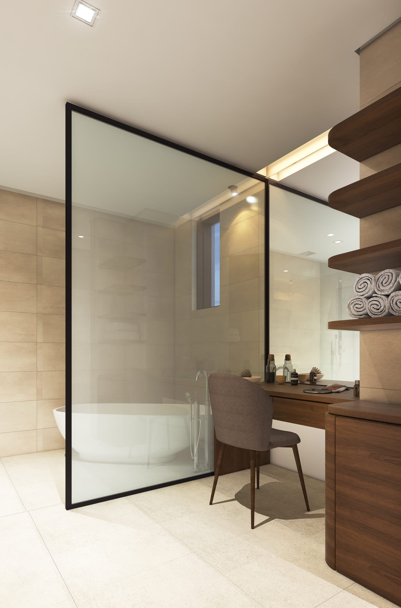 Design visualisation of the bathroom with a freestanding bath behind glass, by LKYOOB