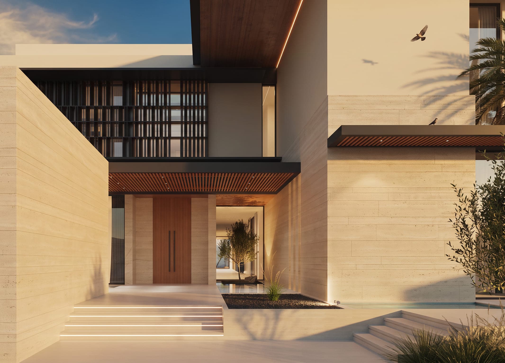 The entrance of Swan Grid Villa, a timber door under a deep canopy reached across a water court, a LKYOOB design visualisation