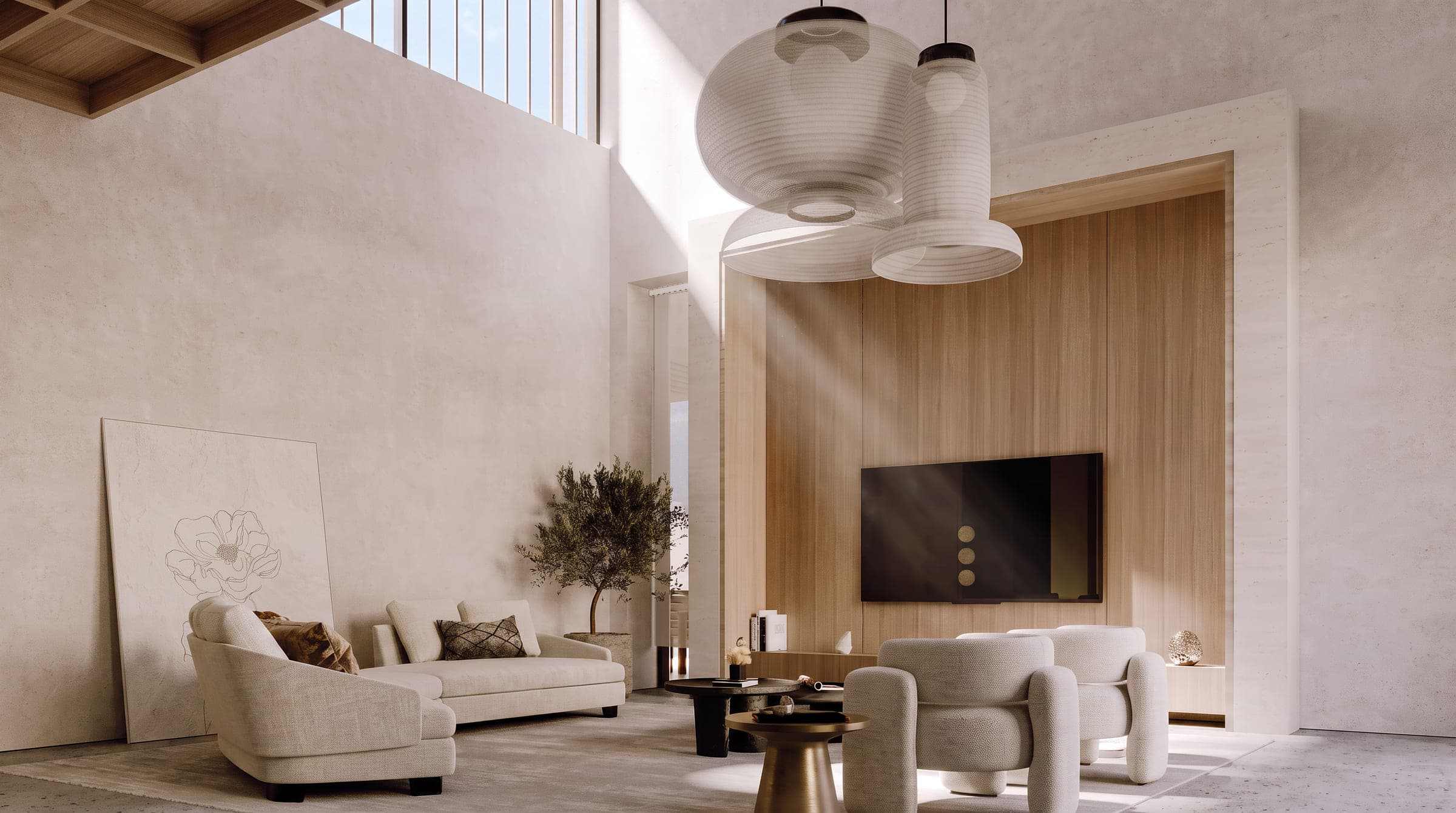 A living room at Swan Grid Villa, paper lanterns above pale seating against a timber wall, a LKYOOB design visualisation