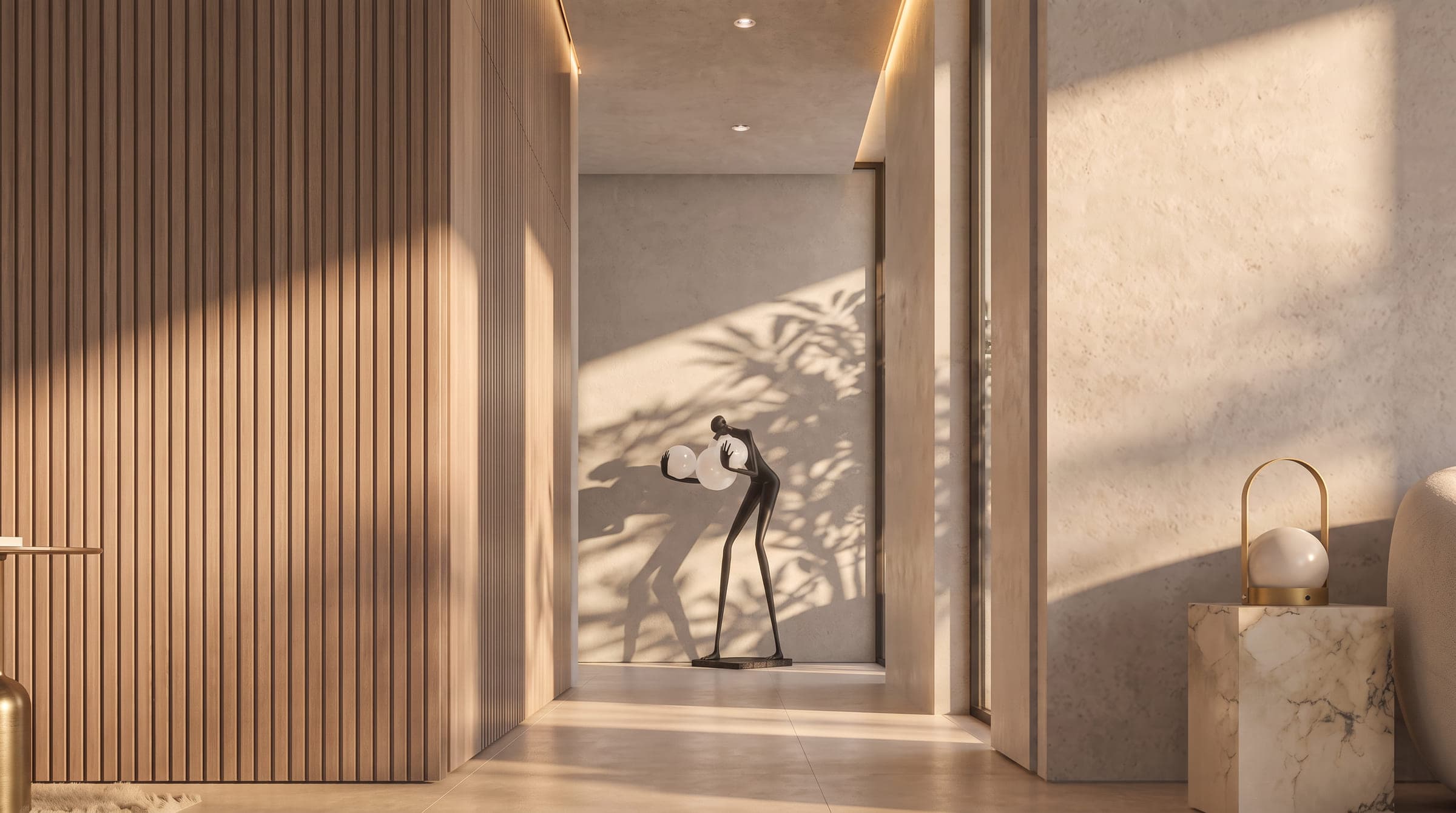 A lobby at Swan Grid Villa, a bronze figure in a lit recess between fluted timber and stone, a LKYOOB design visualisation