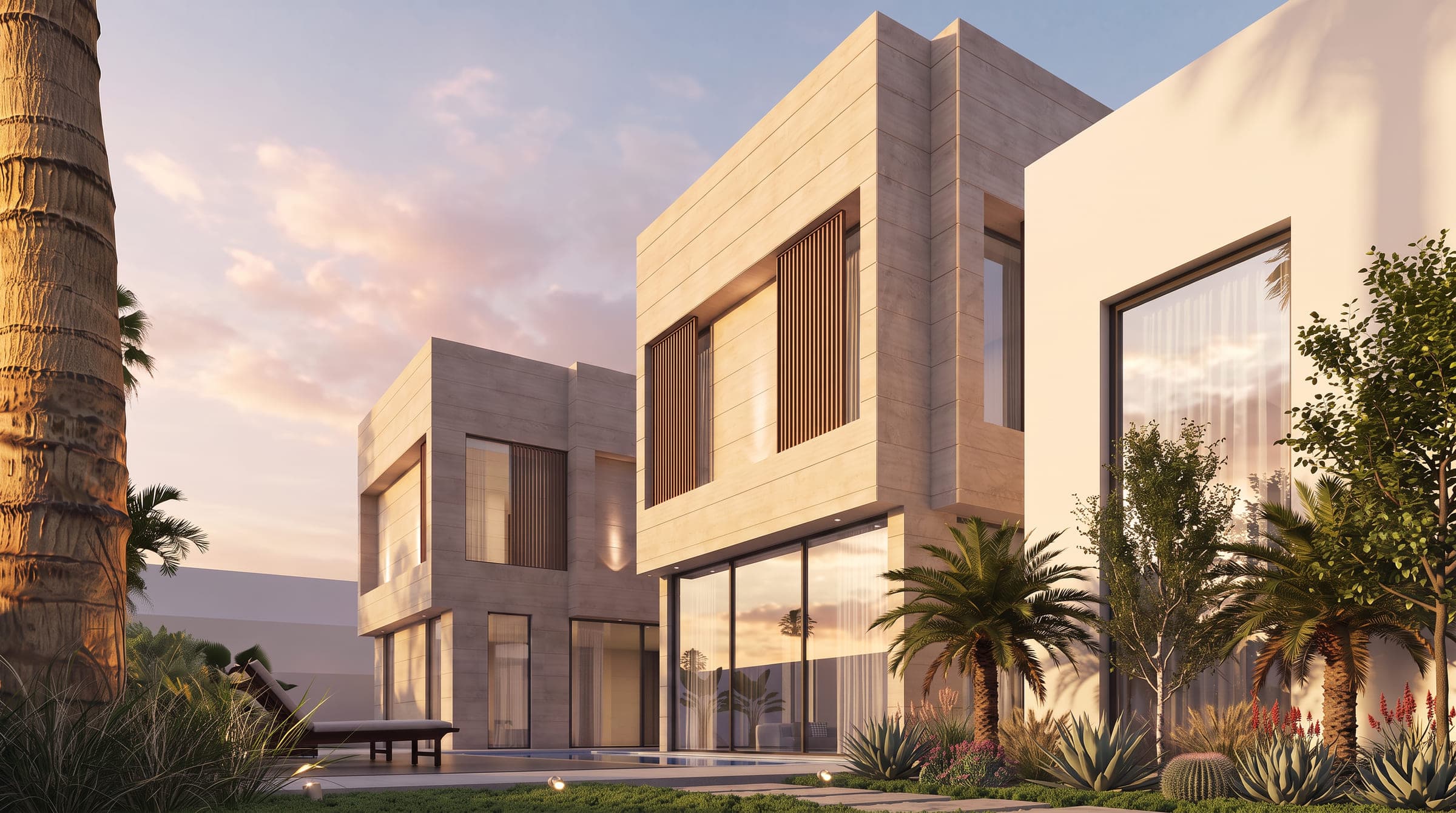 Tactile Monolith from the garden at dusk, stacked limestone volumes with timber screens among palms, a LKYOOB design visualisation