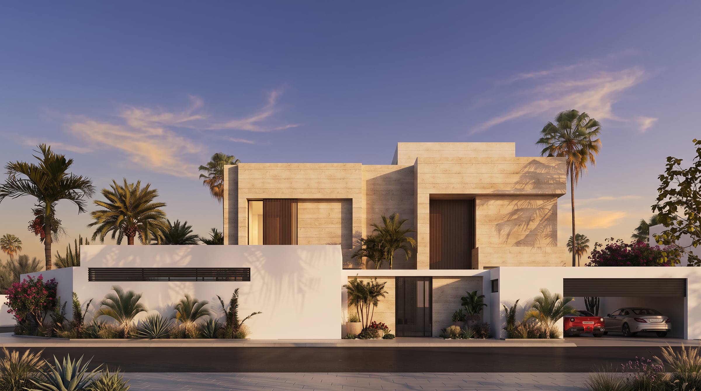 Tactile Monolith from the street at dusk, limestone volumes behind a white boundary wall and desert planting, a LKYOOB design visualisation