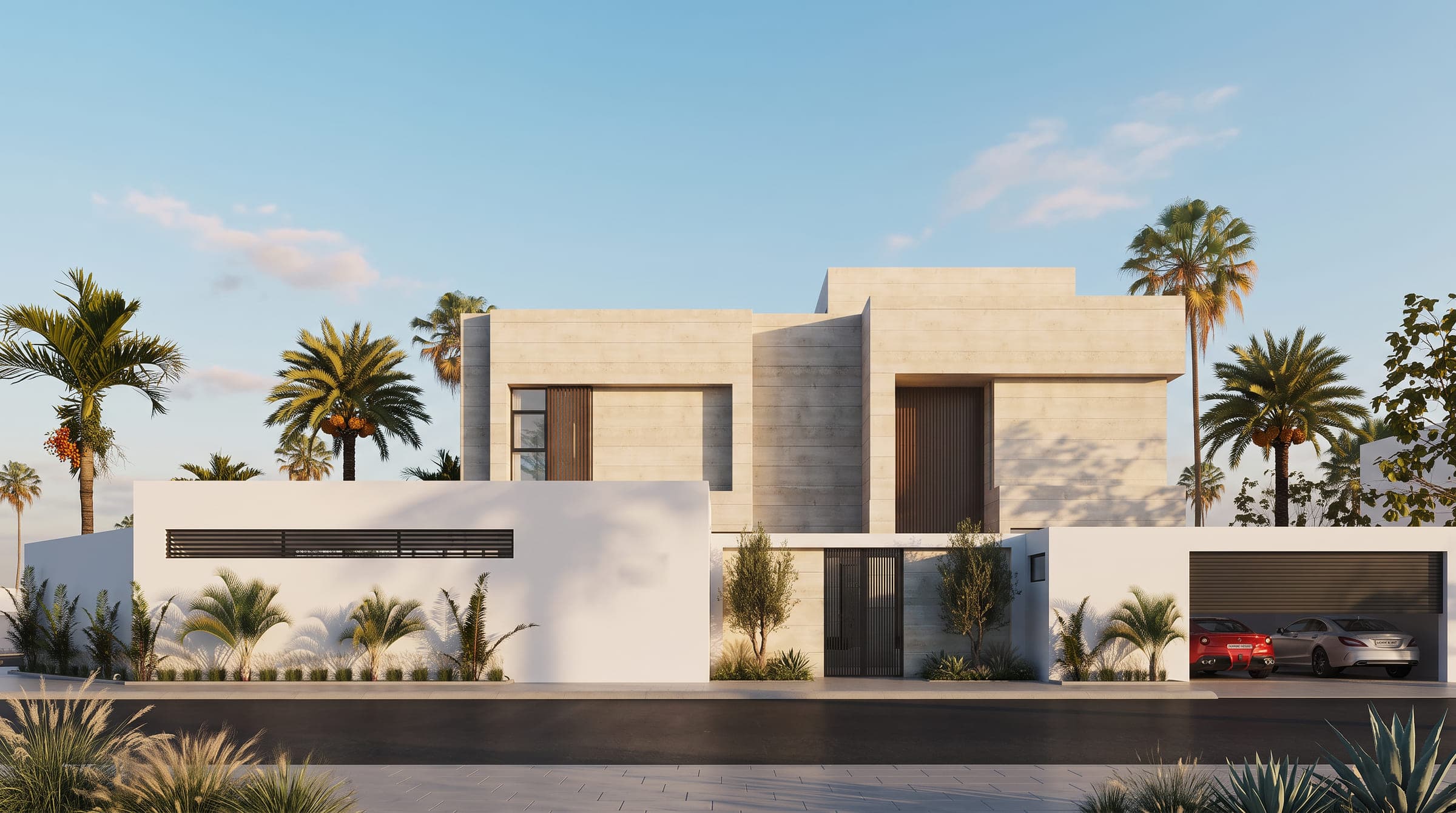 Tactile Monolith from the street in daylight, limestone volumes behind a long white wall, a LKYOOB design visualisation