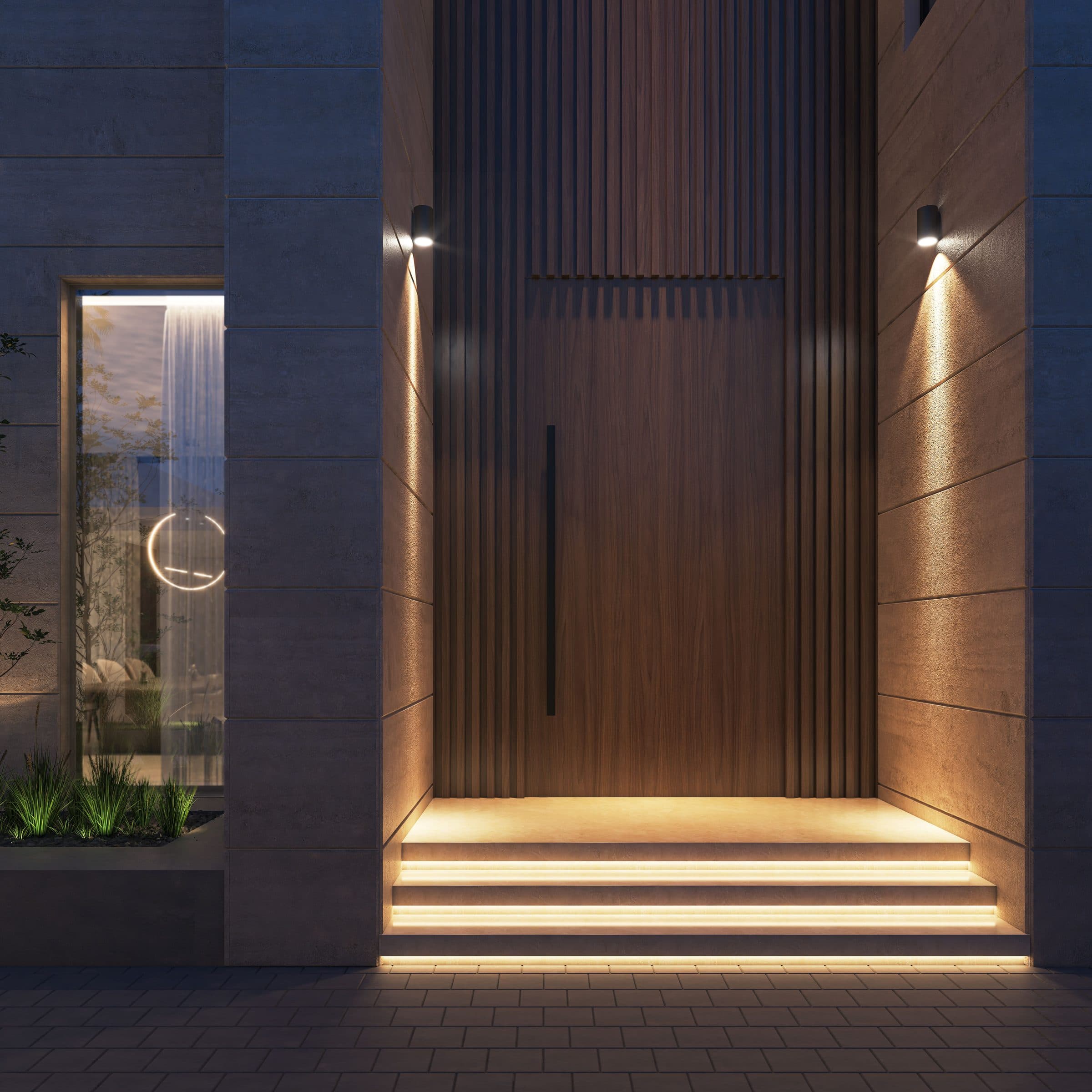 Design visualisation of the entrance with a tall timber-slatted door between limestone walls and lit steps, by LKYOOB