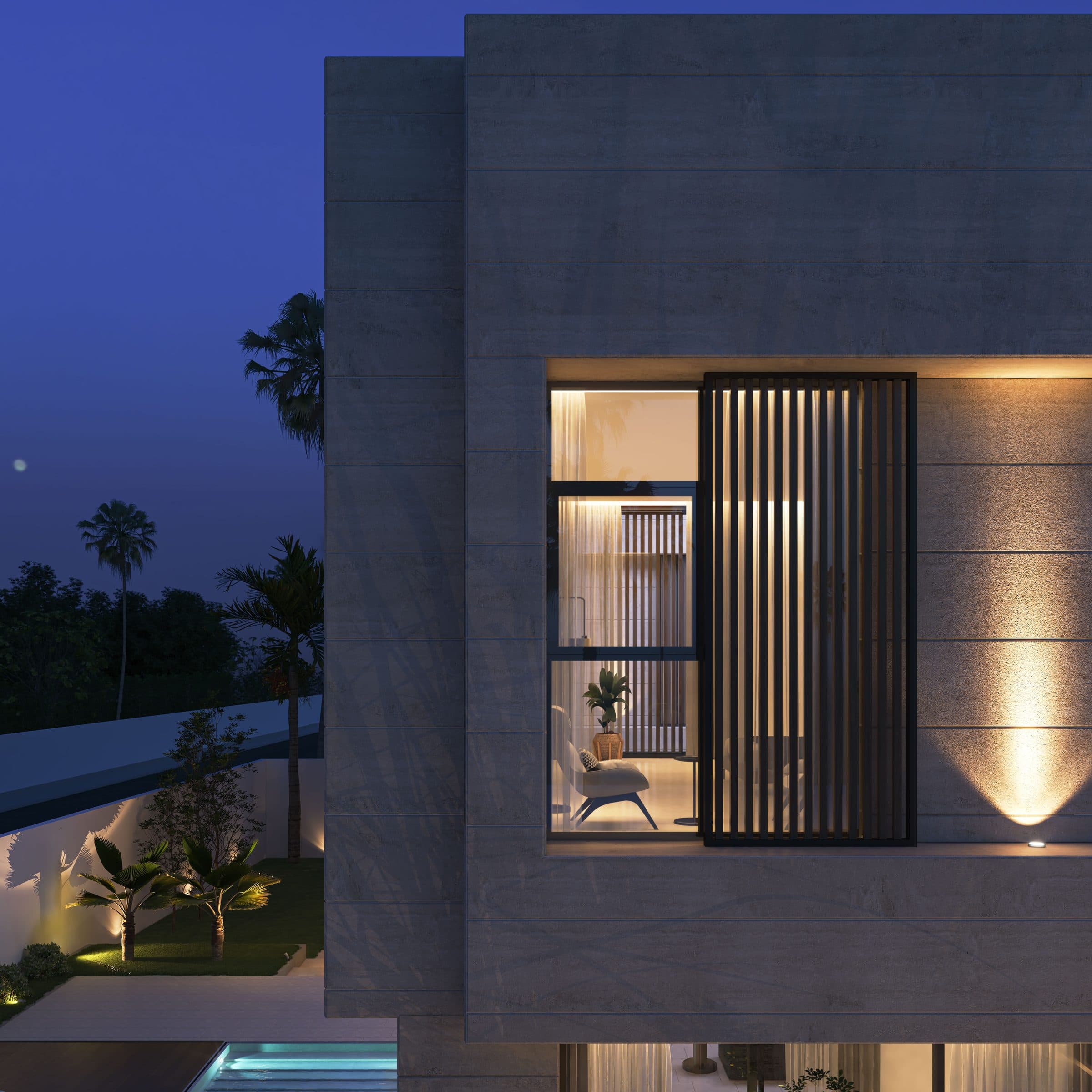 Design visualisation of a corner window with a timber-slat shutter at dusk, by LKYOOB