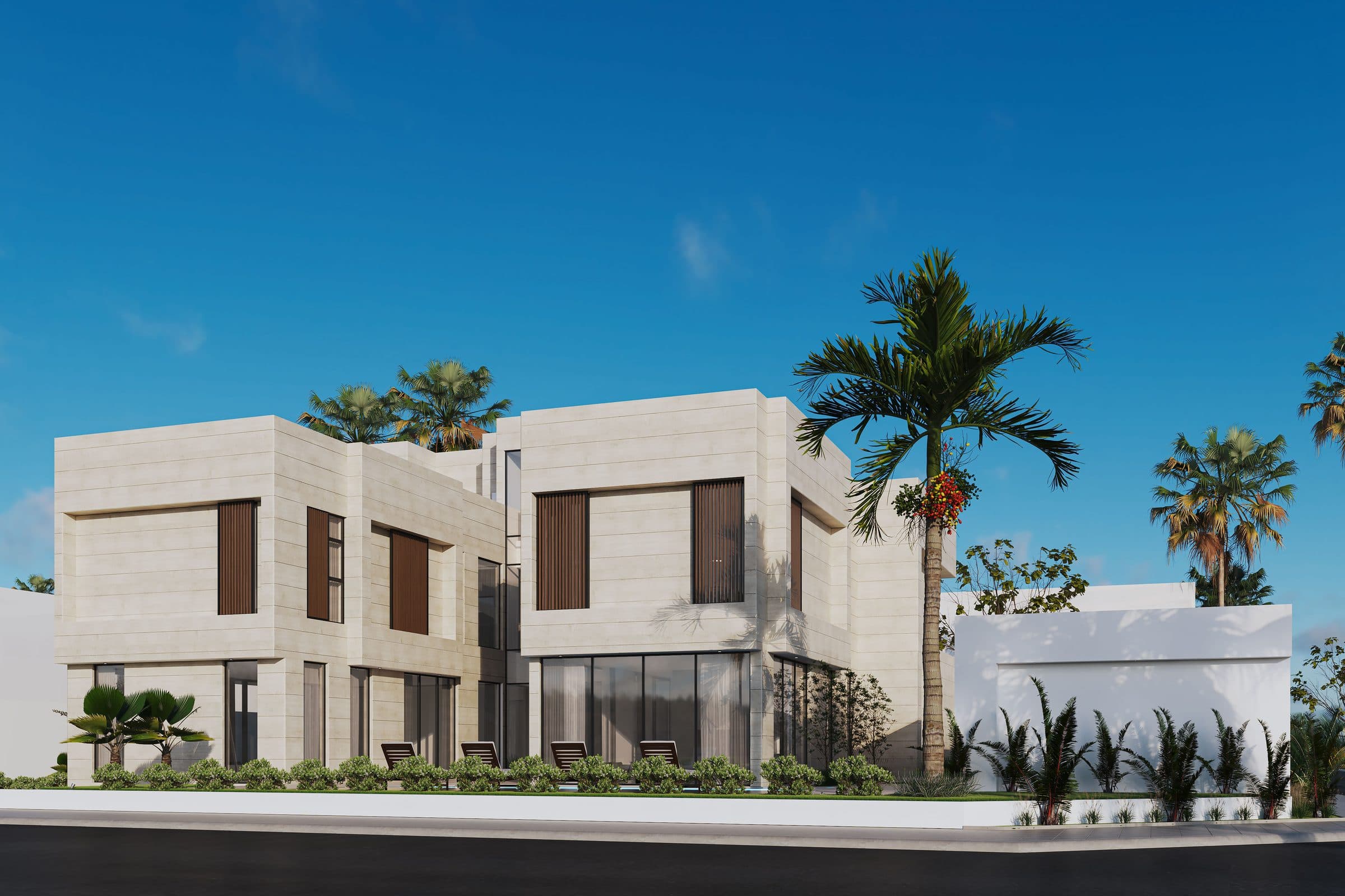 Design visualisation of the corner with a palm and a glazed ground floor, by LKYOOB