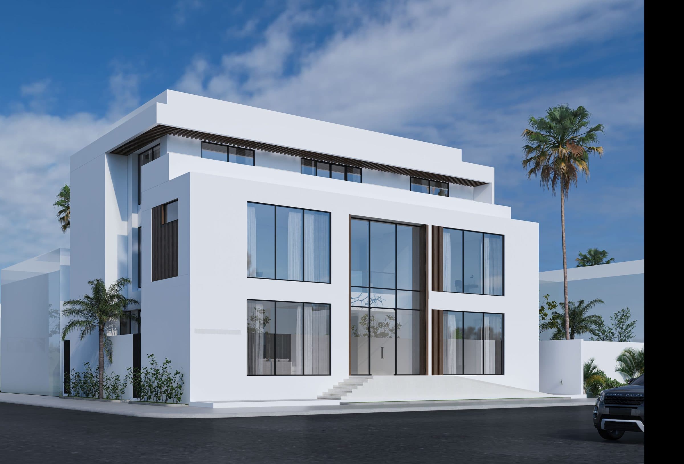 Design visualisation of The Terrace Villa from the front, white volumes with stacked terraces and dark frames, by LKYOOB