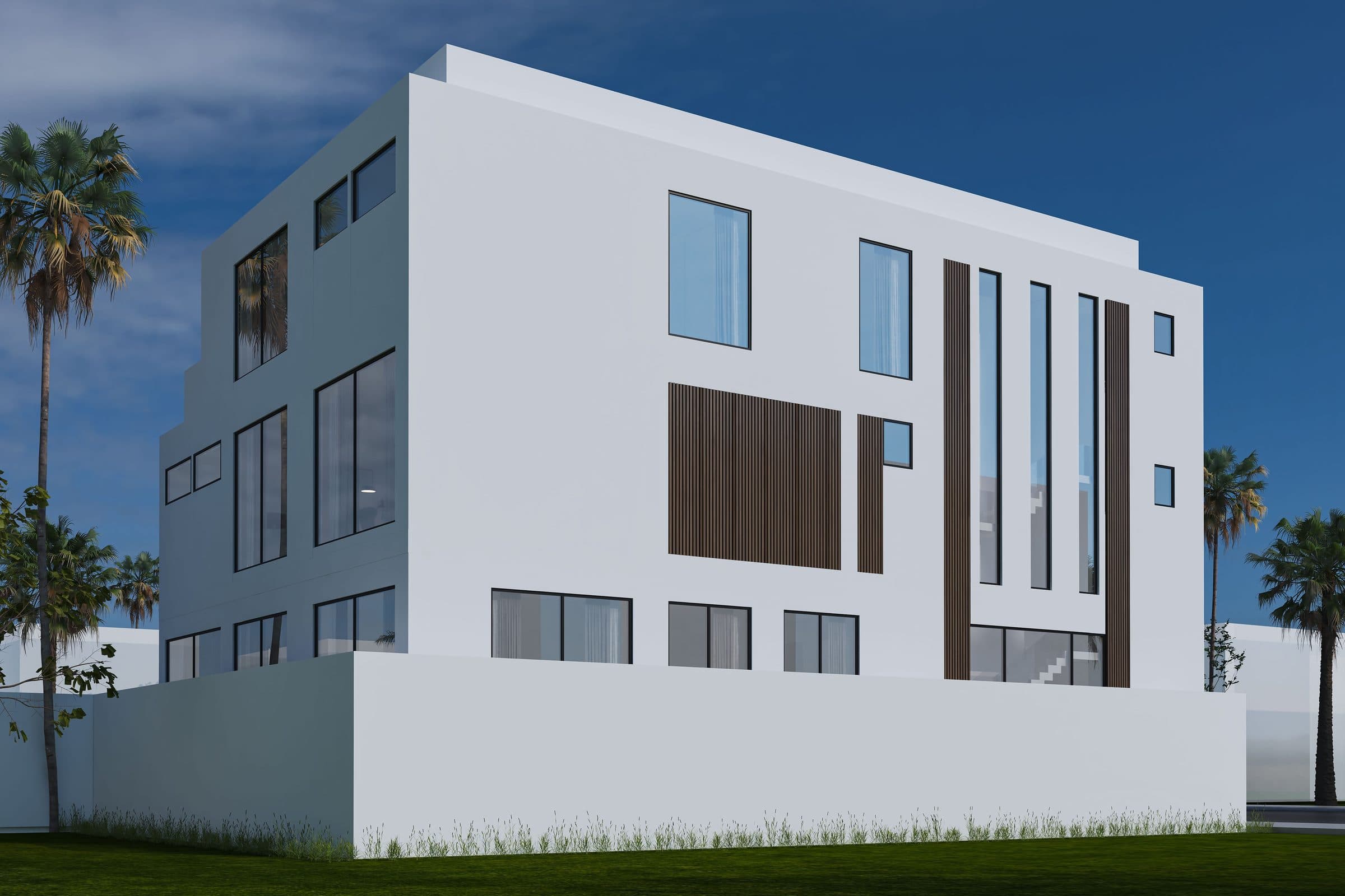 Design visualisation of the garden elevation with full-height glazing and lawn, by LKYOOB