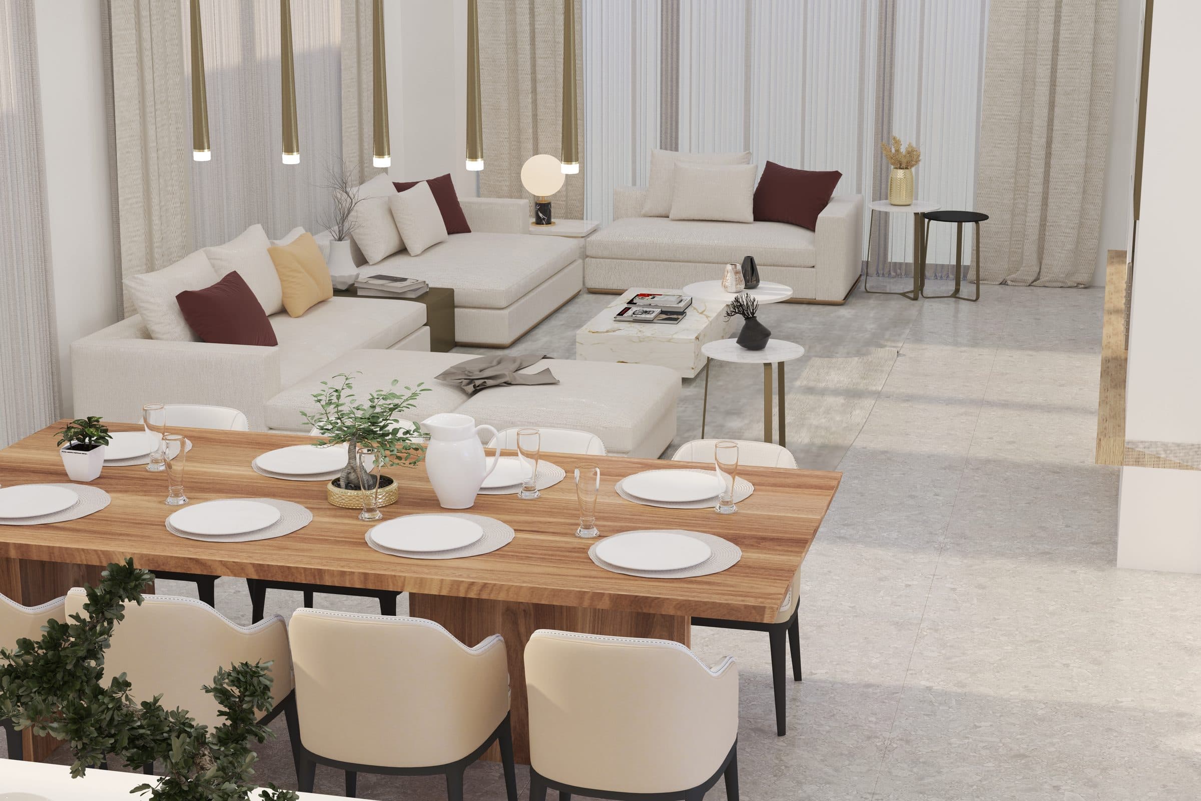 Design visualisation of the family living room in beige and walnut, by LKYOOB