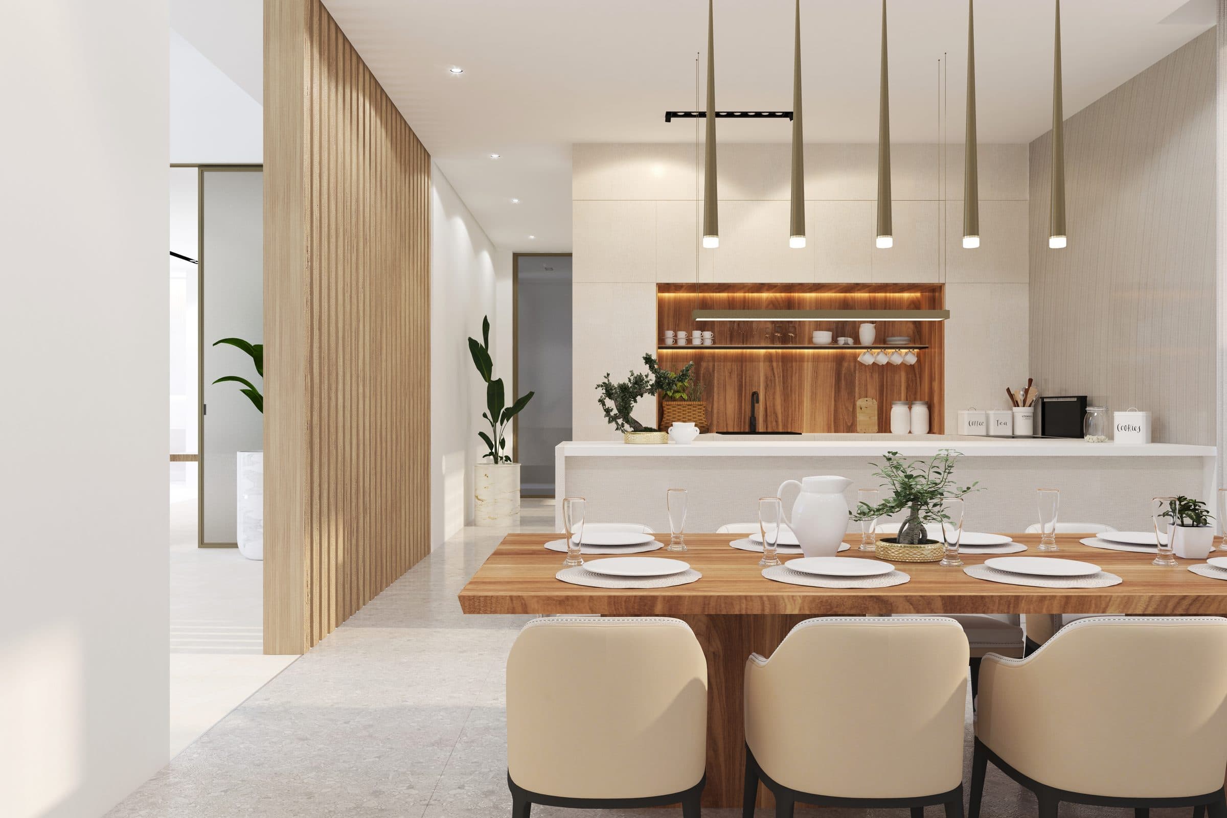 Design visualisation of the open kitchen with an island and walnut joinery, by LKYOOB