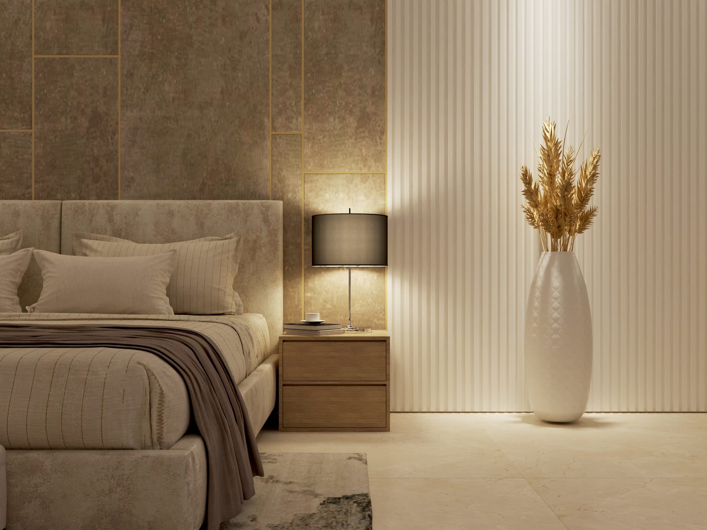 Design visualisation of the master bedroom with a padded headboard wall, by LKYOOB