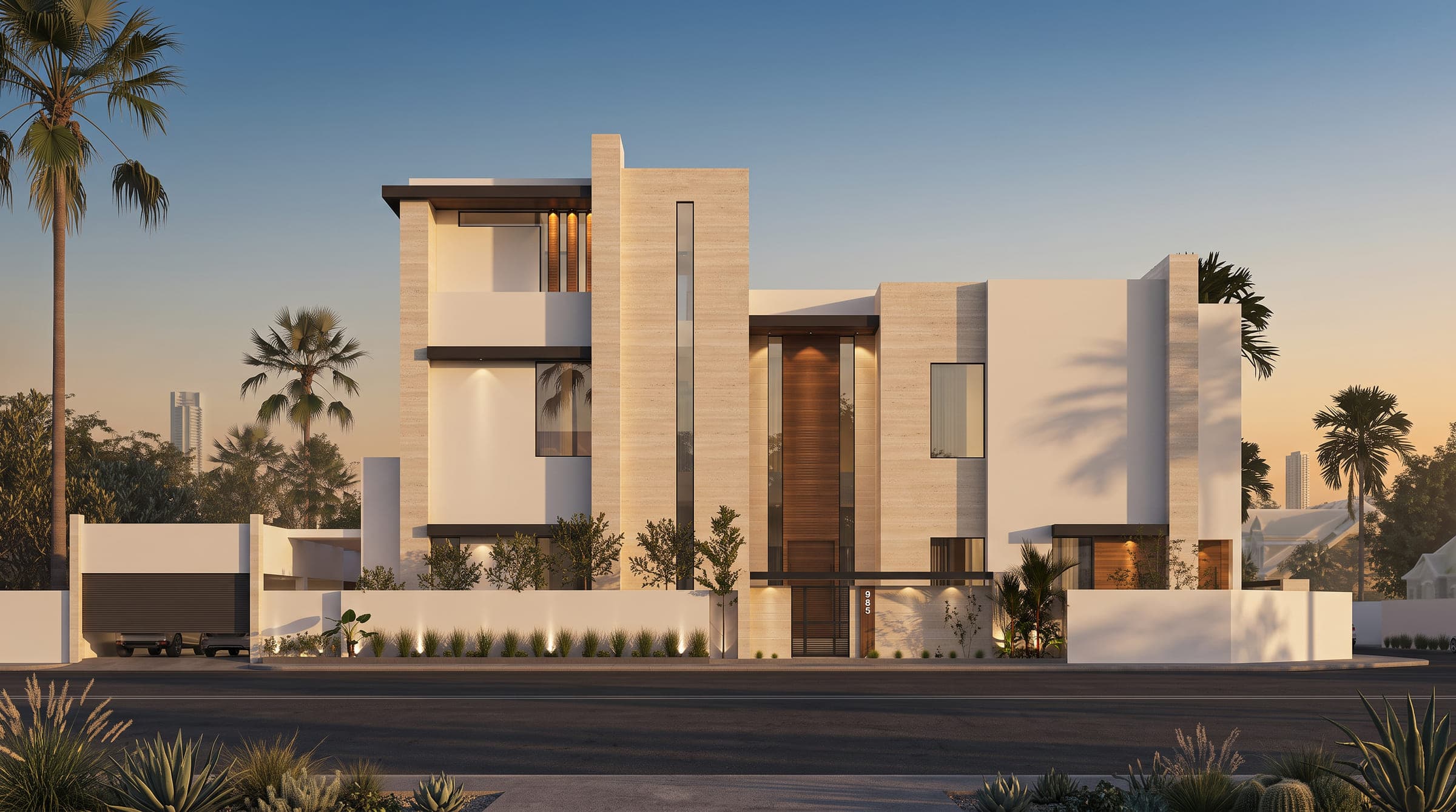 The Frame from the street at dusk, travertine volumes with a tall timber entrance door, a LKYOOB design visualisation