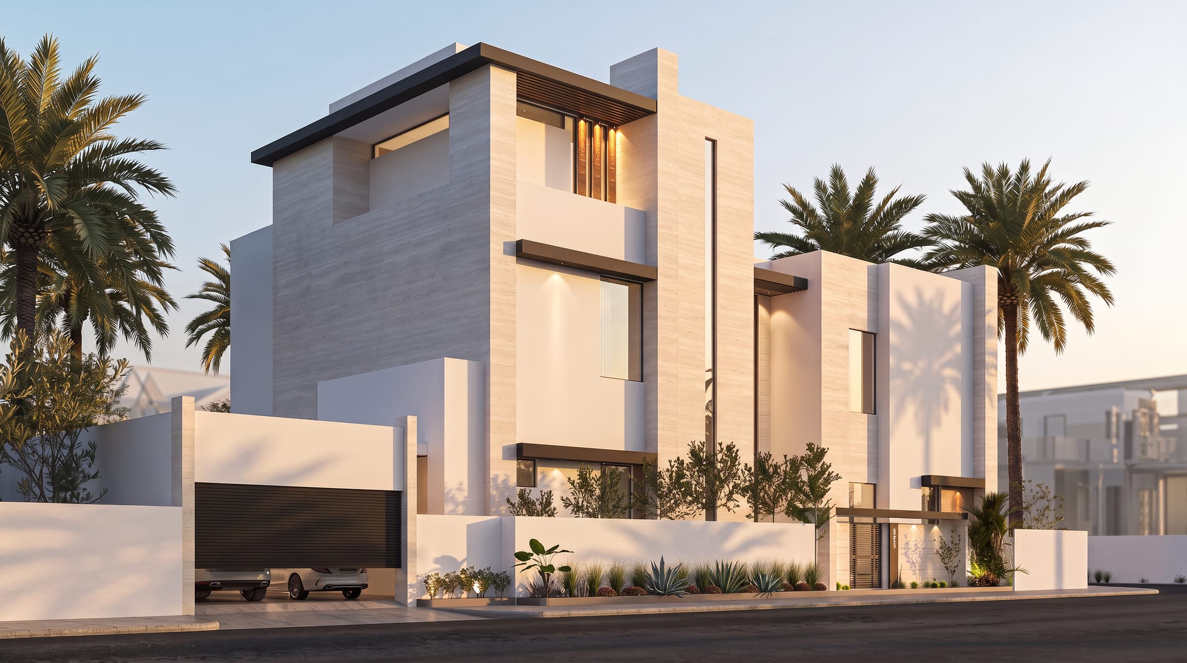 The Frame from the street corner, travertine and white volumes above a boundary wall and planted strip, a LKYOOB design visualisation