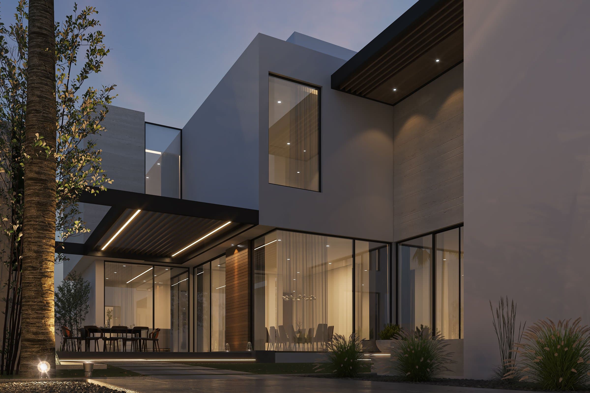 Design visualisation of the villa's garden elevation at dusk, glazed rooms under a timber soffit, by LKYOOB