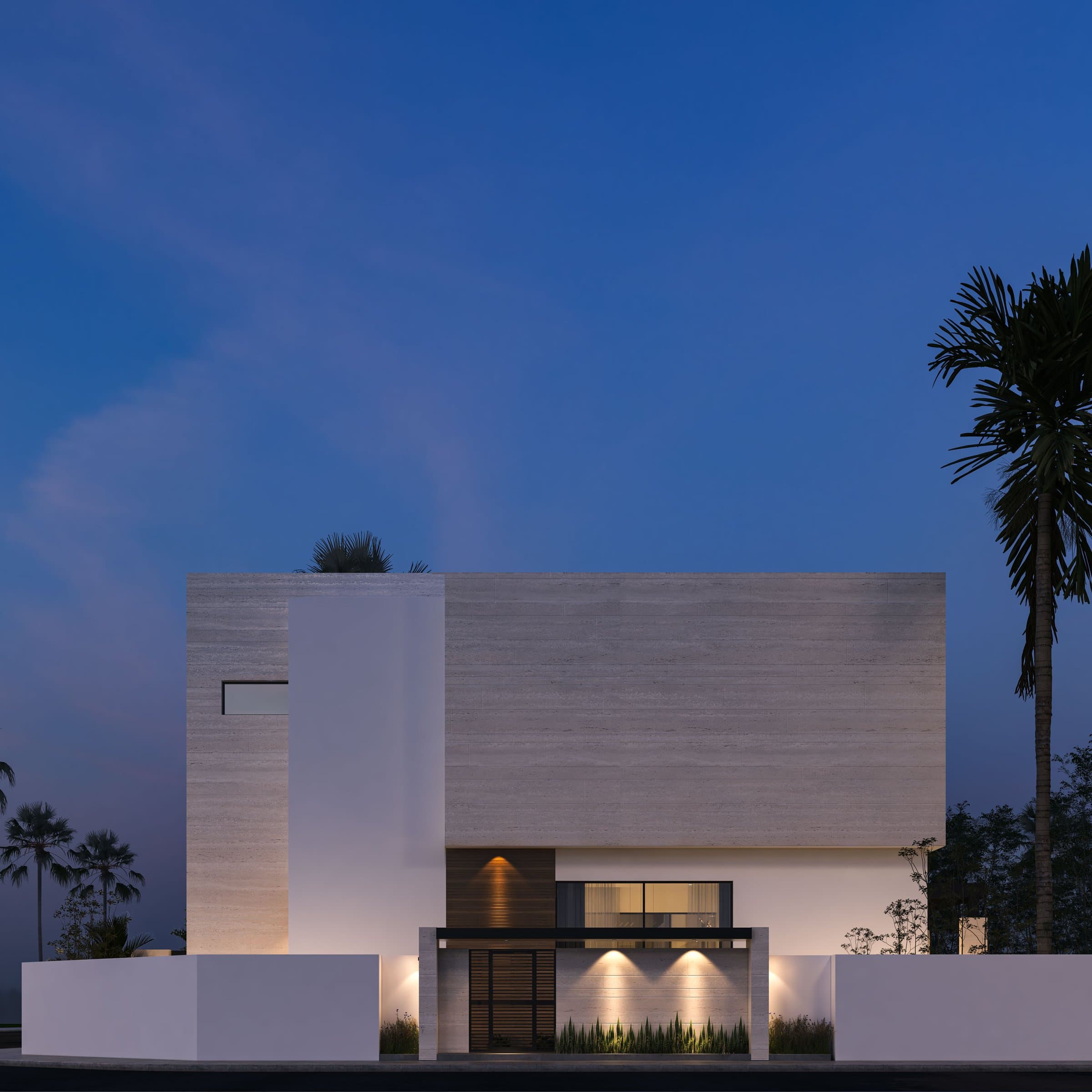 Design visualisation of the travertine street elevation and entrance at dusk, by LKYOOB