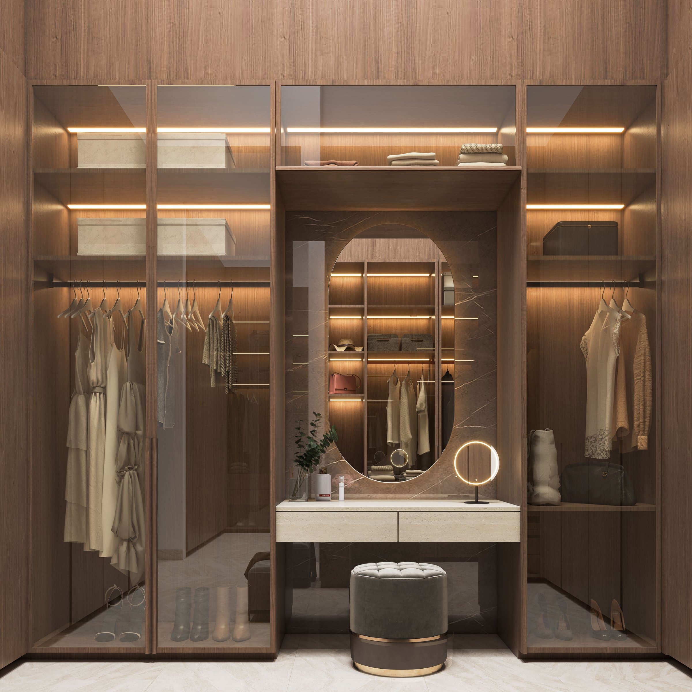 Design visualisation of the master dressing room in dark timber with a lit vanity, by LKYOOB