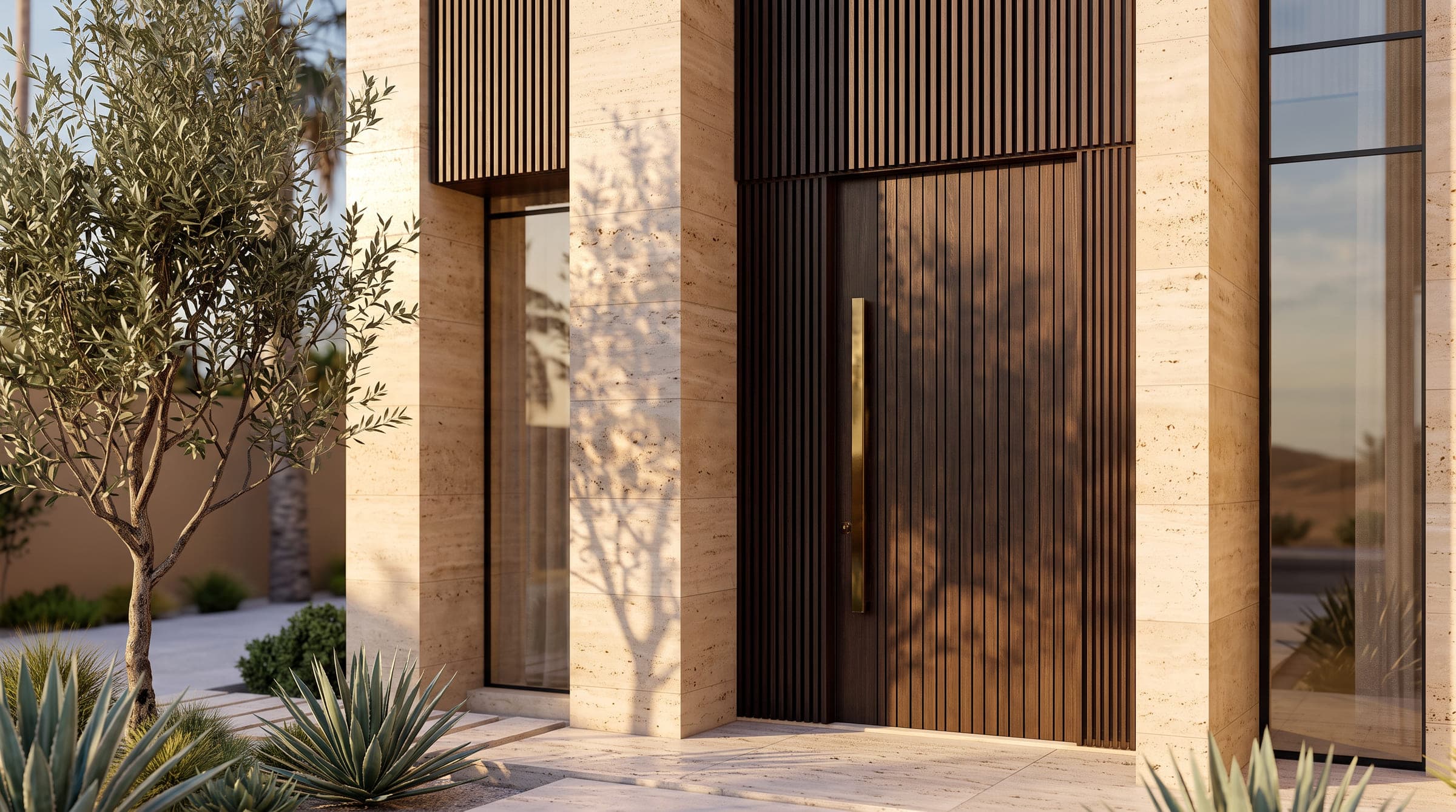 Entrance of The Open Residence, a dark pivot door in a travertine wall beside an olive tree, a LKYOOB design visualisation