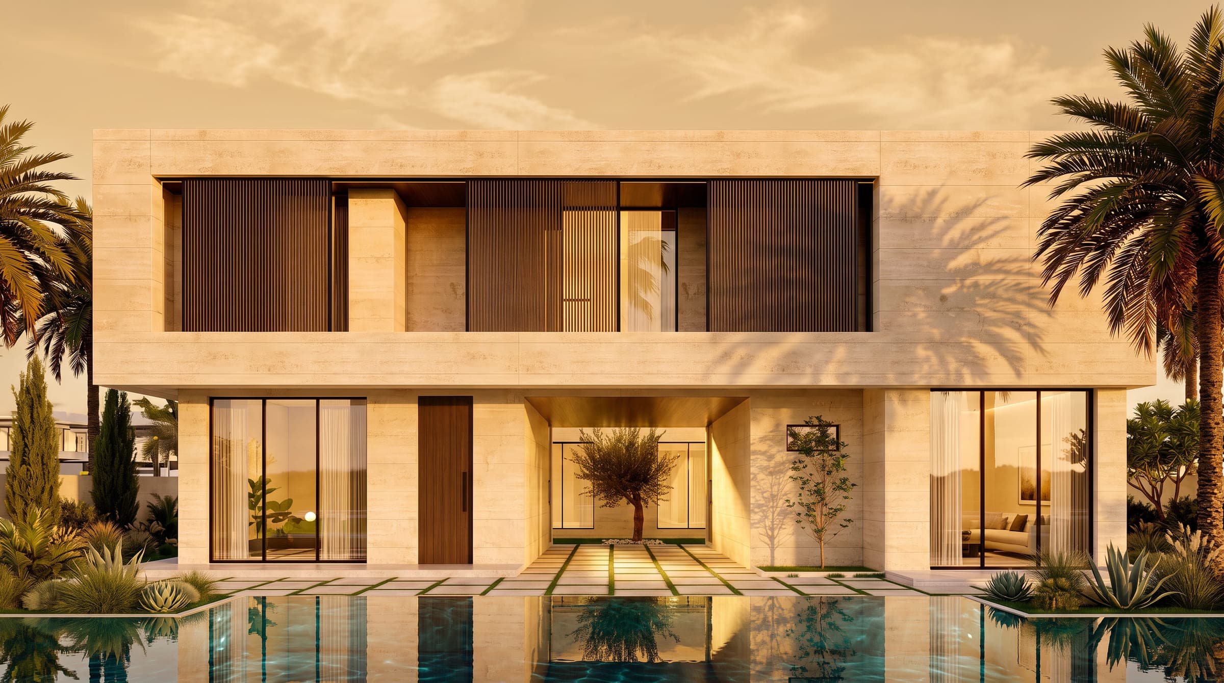 The Open Residence from the reflecting pool in late light, travertine volumes with timber screens above a glazed ground floor, a LKYOOB design visualisation