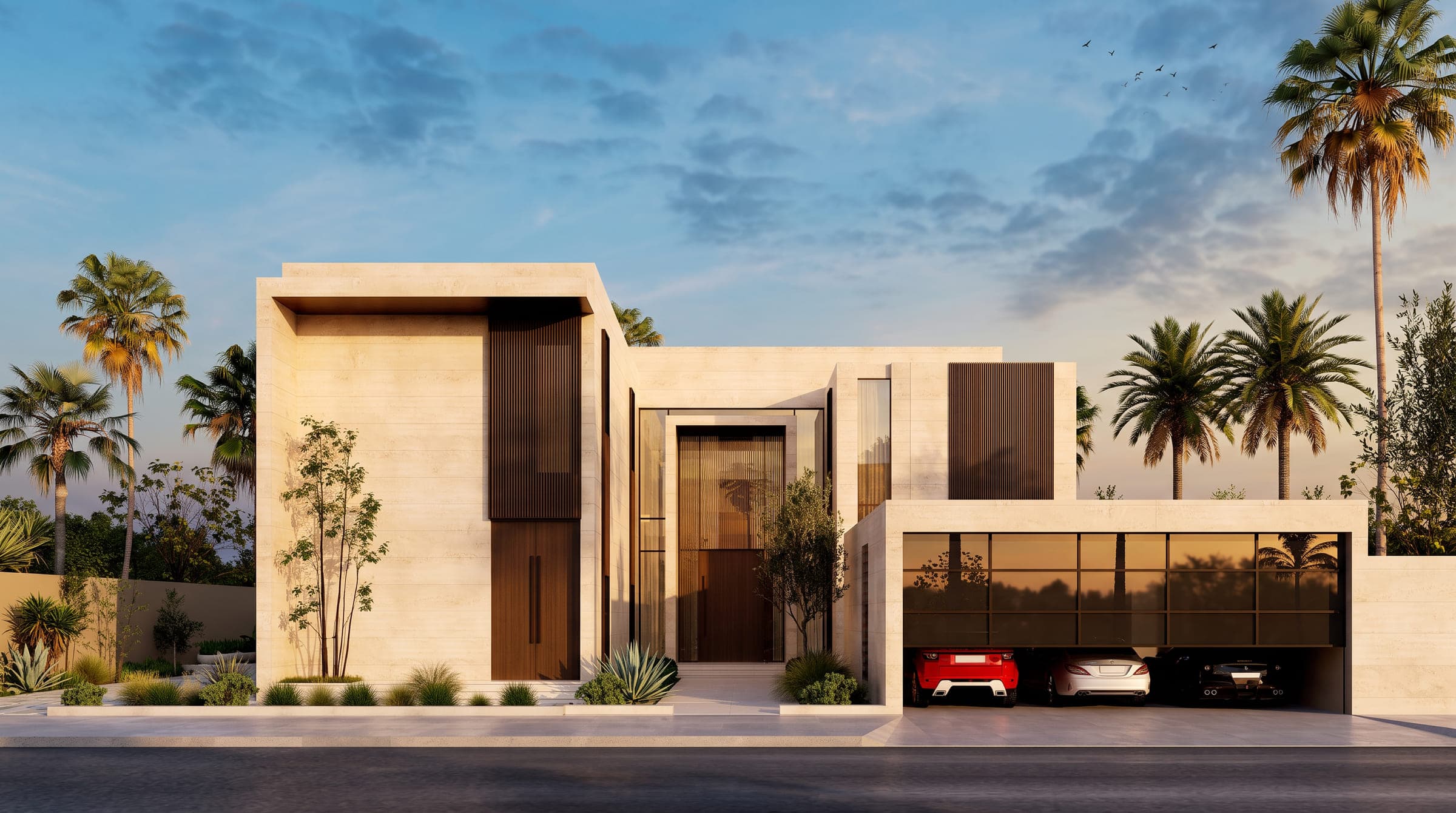 The Open Residence from the street, travertine volumes and a recessed entrance beside an open garage, a LKYOOB design visualisation