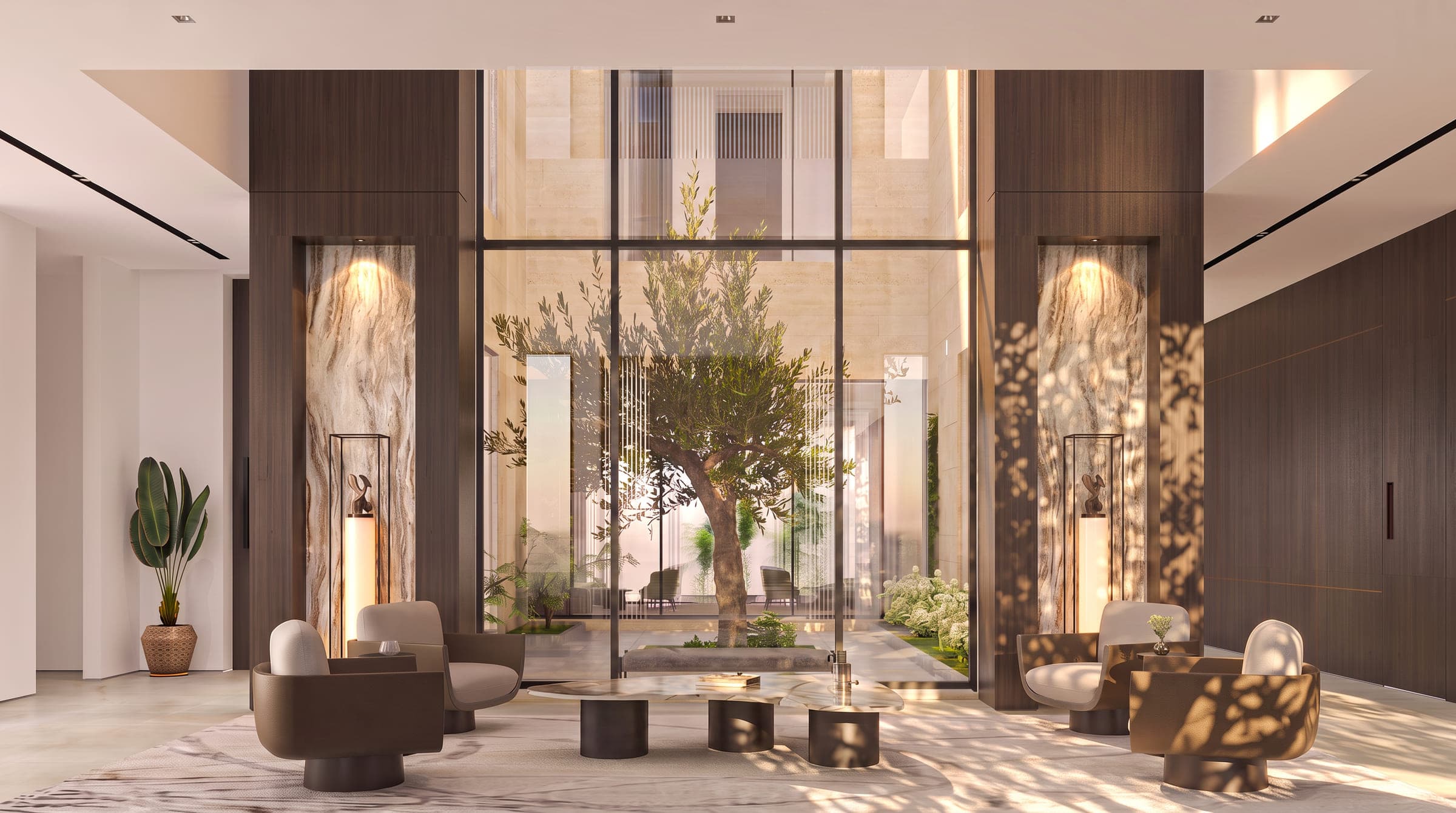 Design visualisation of the double-height atrium at The Open Residence, seating before a glazed court with an olive tree between lit marble niches, by LKYOOB