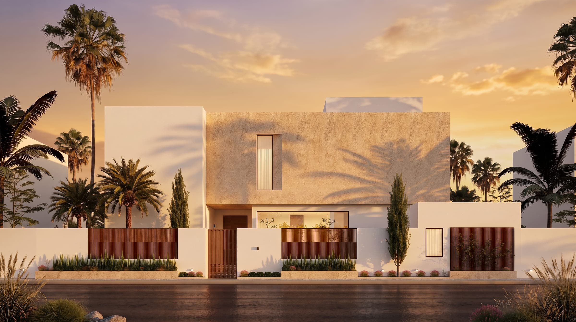 The Shadow House from the street at sunset, a pale villa behind timber screens and a planted boundary, a LKYOOB design visualisation