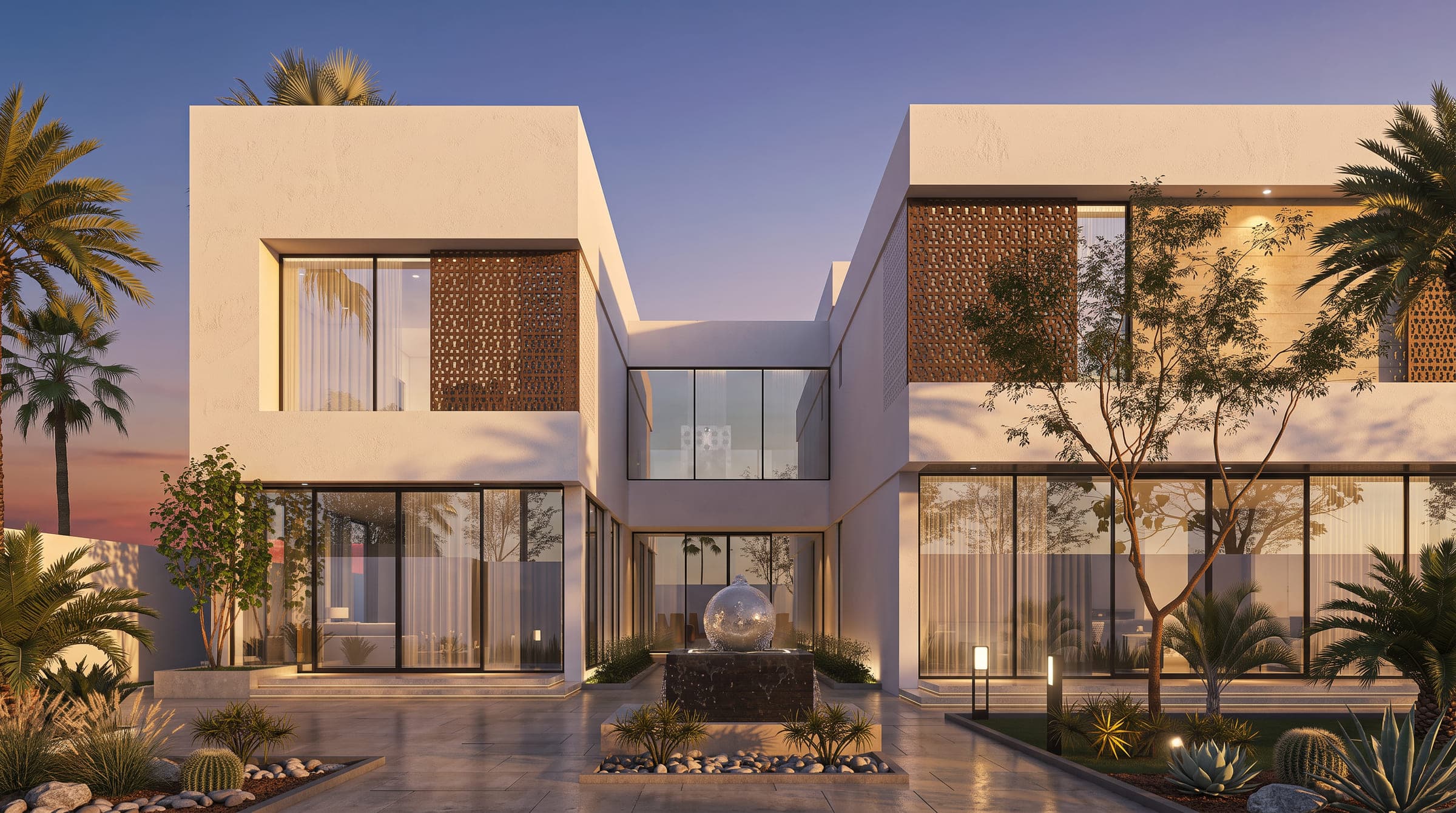 The Shadow House at dusk, white volumes with perforated screens around a lit entrance court, a LKYOOB design visualisation