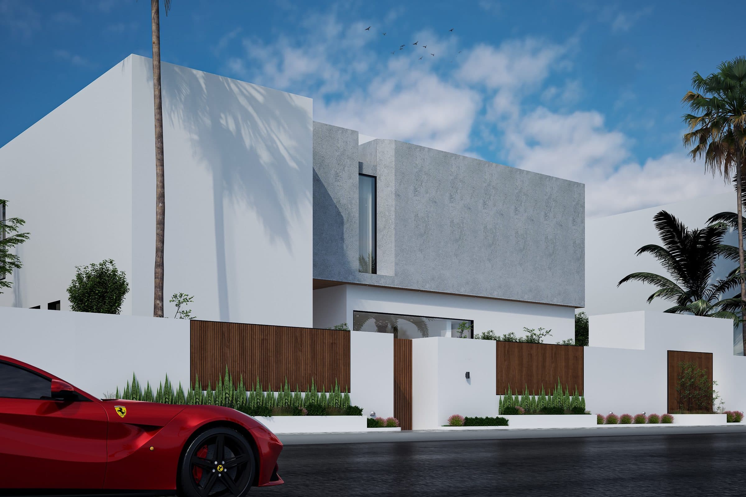 Design visualisation of the second scheme from the street corner, a grey rendered box on white walls with a timber gate, by LKYOOB