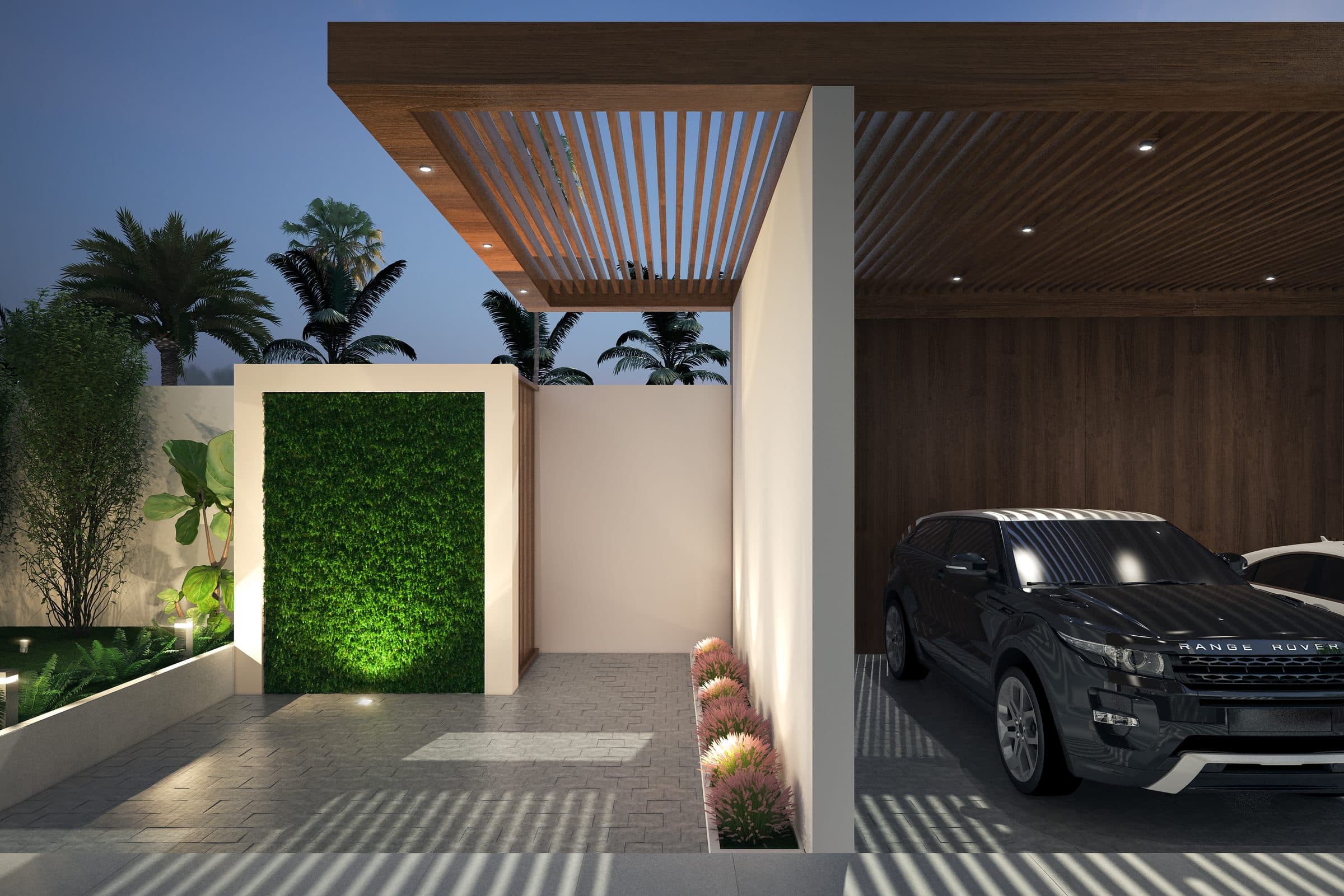 Design visualisation of the carport under a timber pergola beside a green wall, by LKYOOB
